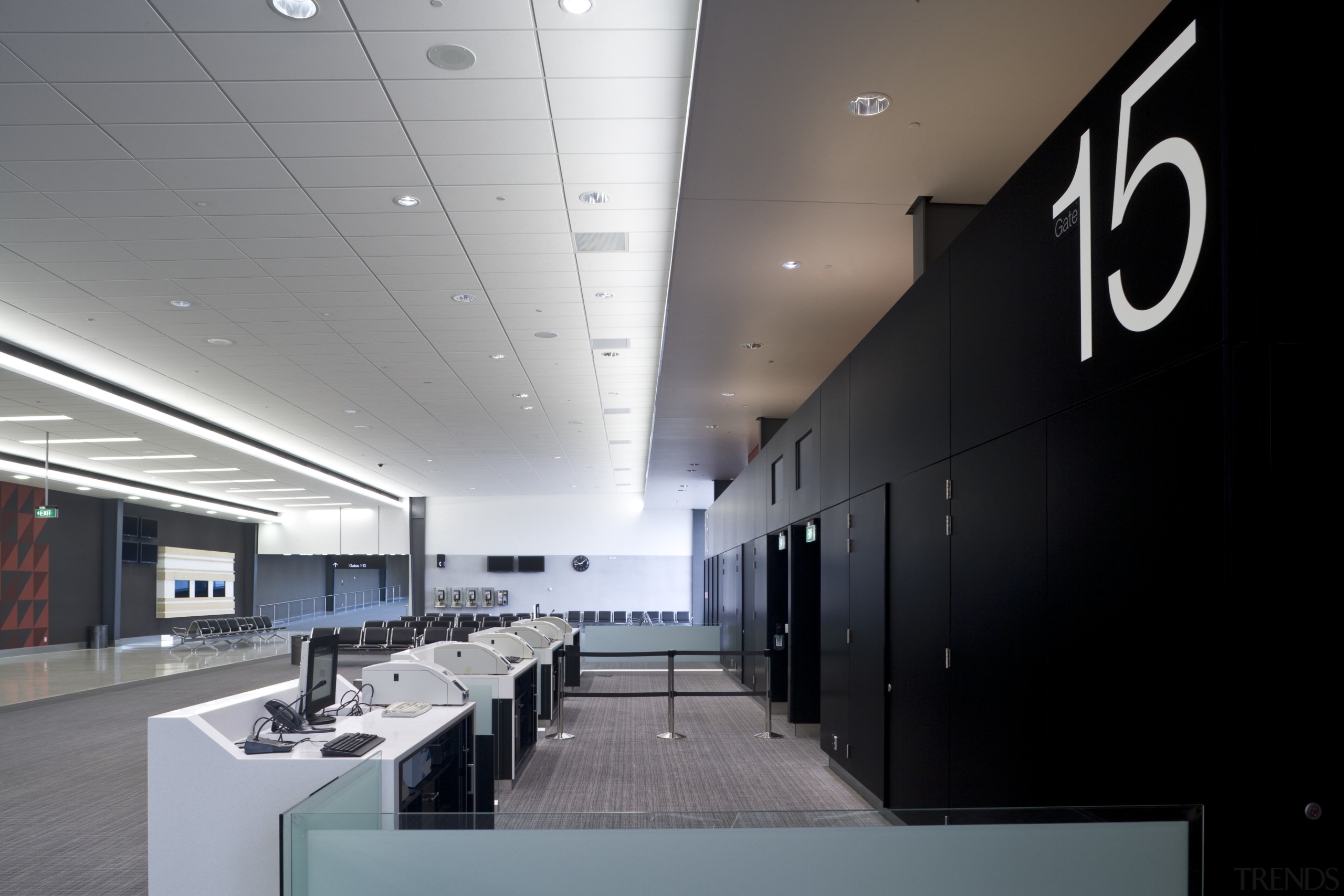 Image of the new Auckland Airport terminal which architecture, ceiling, daylighting, interior design, lobby, office, gray, black