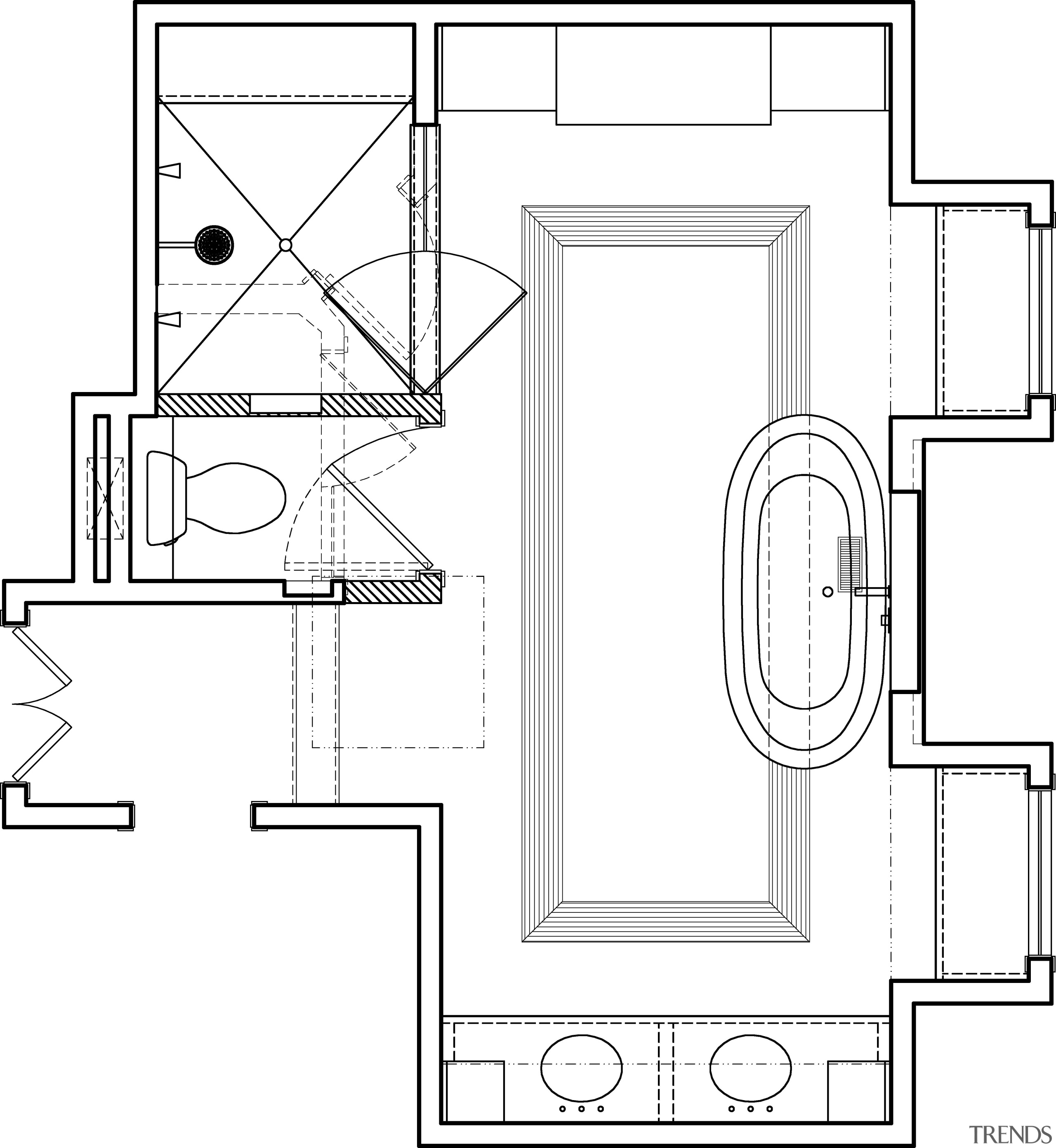 Traditional, simply styled bathroom with decorative wall tiles, angle, area, black and white, design, diagram, drawing, floor plan, font, line, line art, product, product design, square, structure, technical drawing, text, white