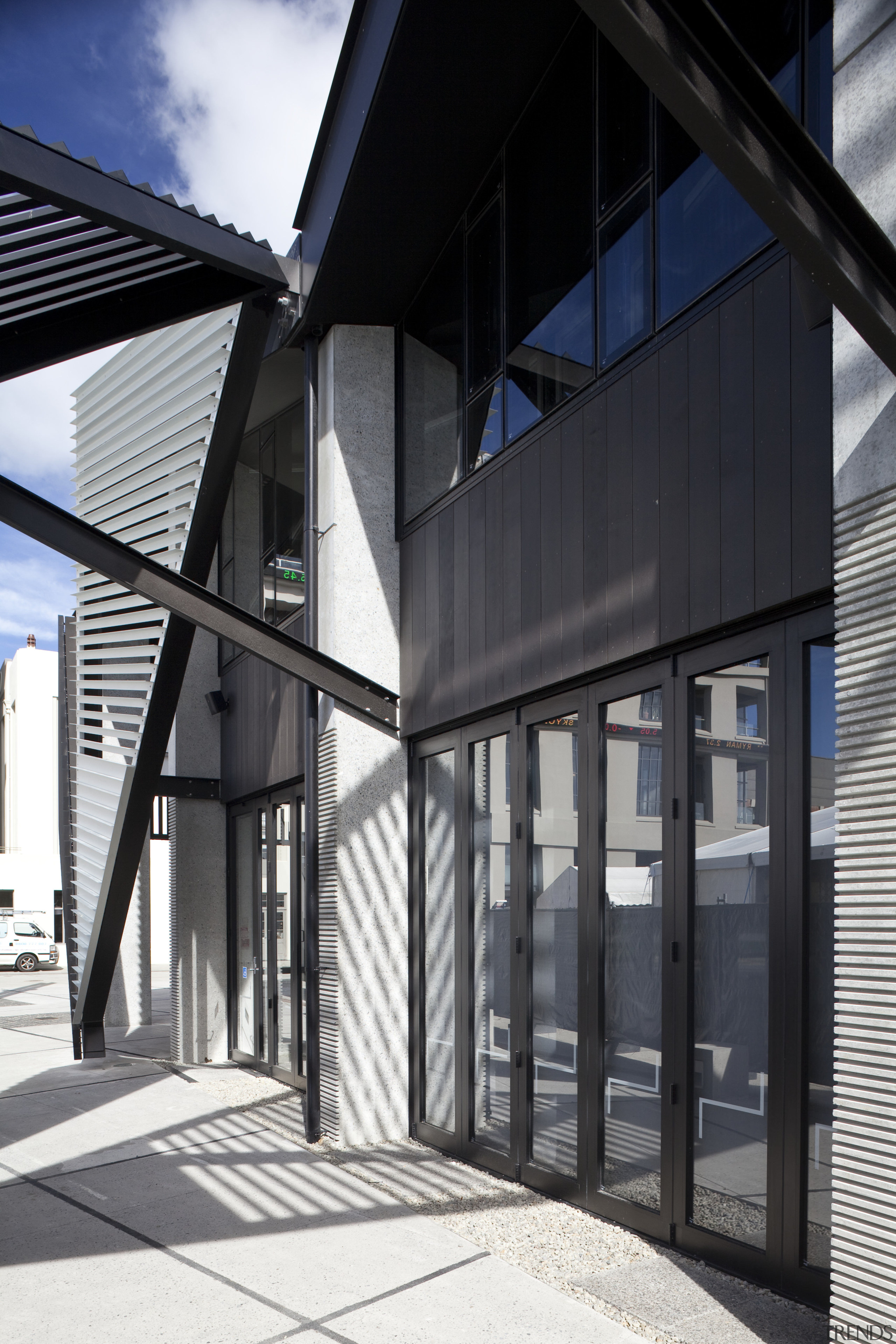 View of the aluminium joinery and window winding architecture, building, facade, glass, house, residential area, structure, window, black