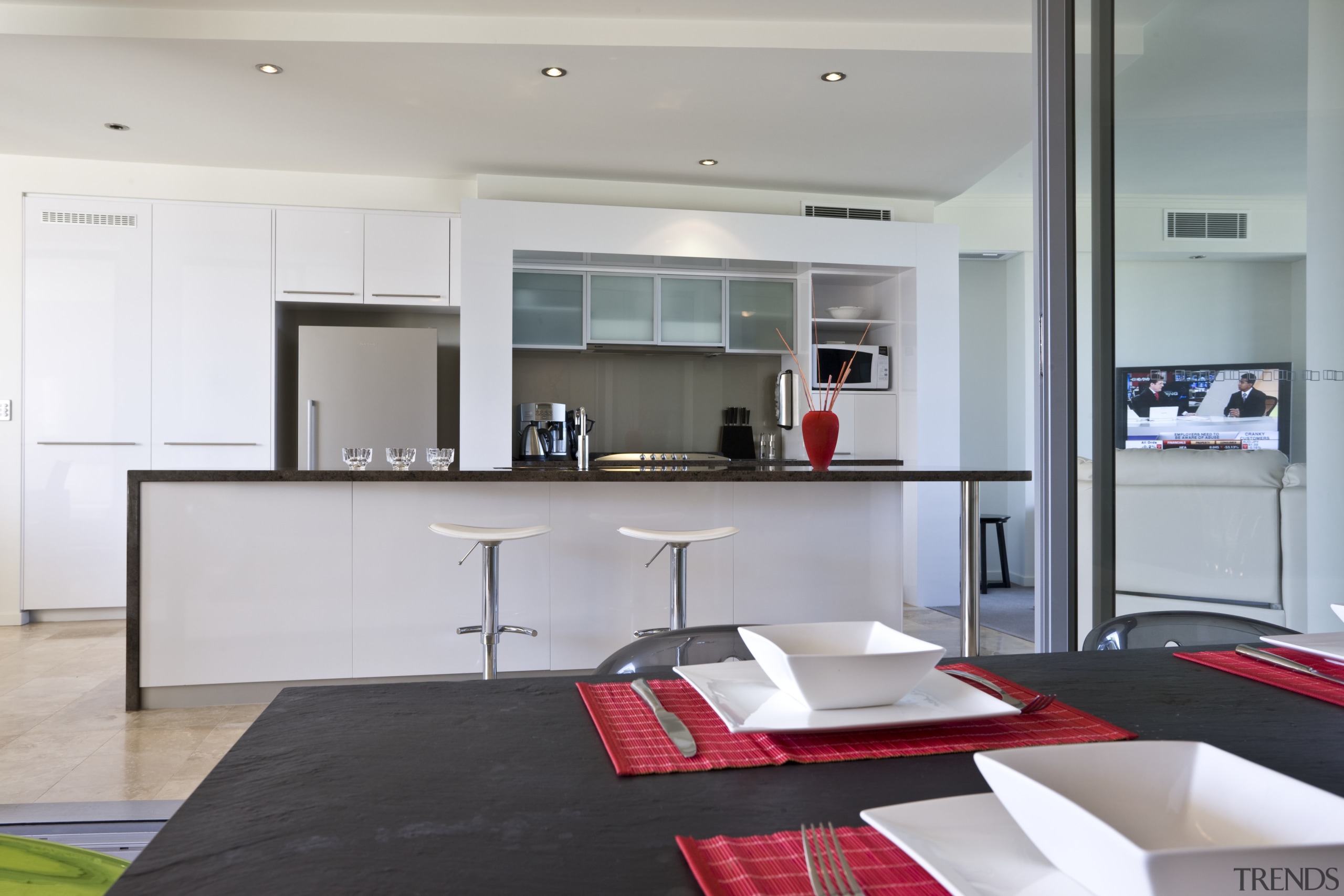 Image of kitchen and dining area which have interior design, kitchen, gray