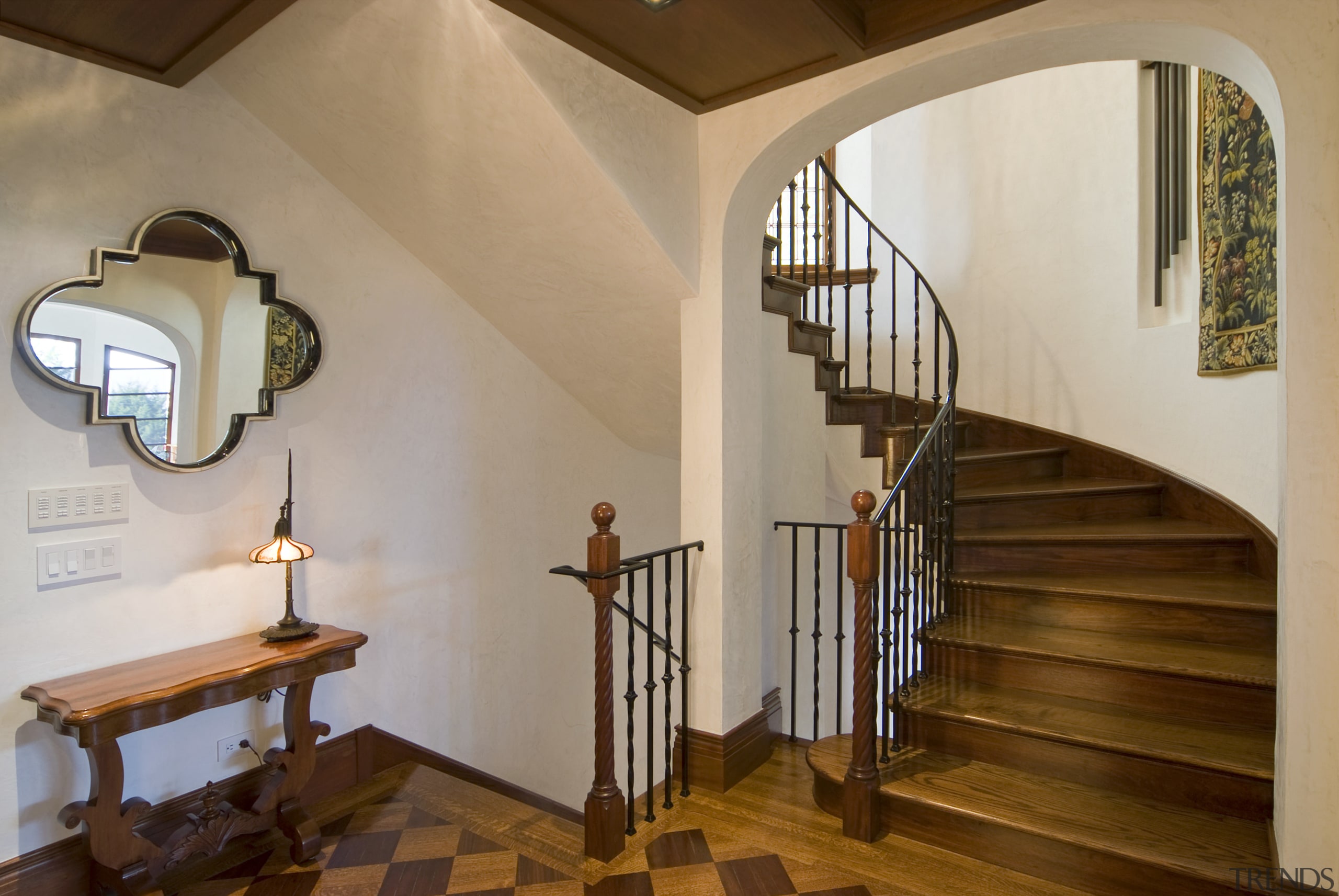 image of the interior of this newly renovated architecture, ceiling, estate, floor, flooring, handrail, hardwood, home, interior design, property, real estate, stairs, brown, gray