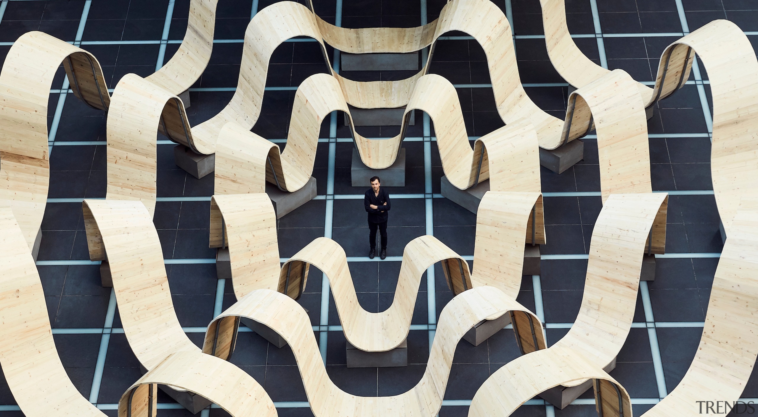 Made from scaffolding planks, Paul Cocksedge collaborated with architecture, design, pattern, symmetry, white, black