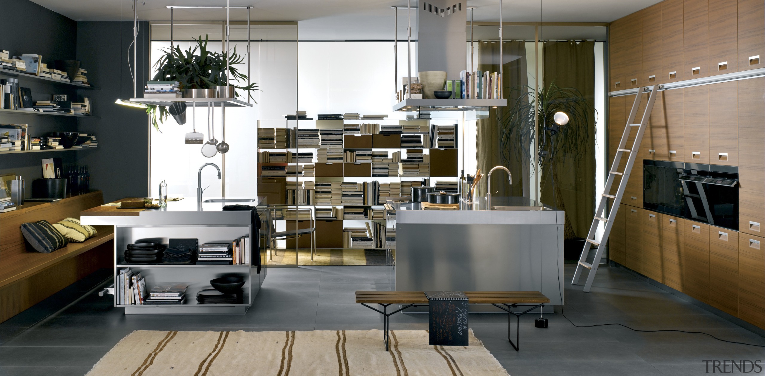 View of a custom designed Arclinea kitchen from floor, flooring, furniture, interior design, kitchen, living room, gray, black