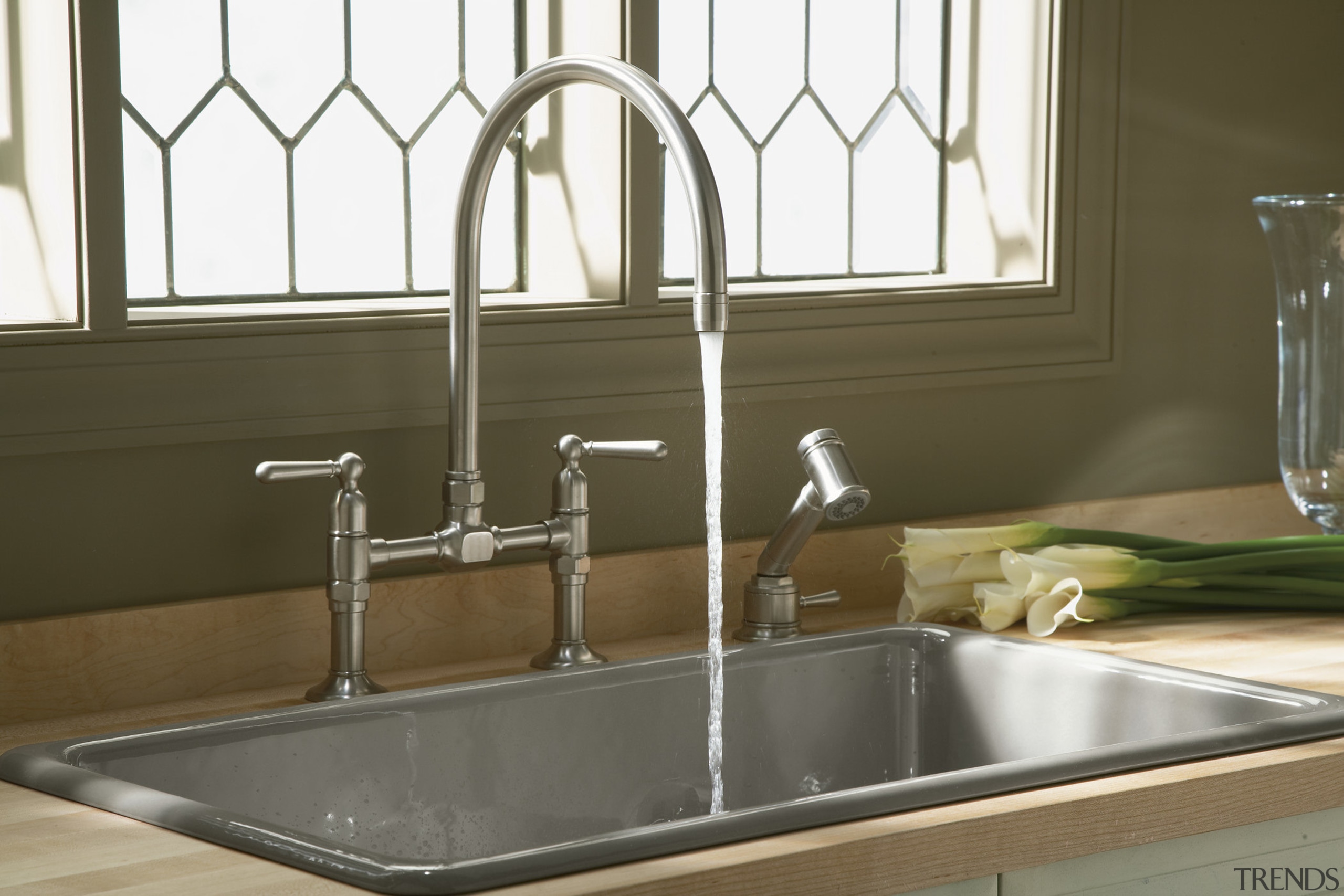 Kohler HiRise Kitchen faucets incorporate the design asethetics countertop, kitchen, plumbing fixture, product design, sink, tap, brown, white