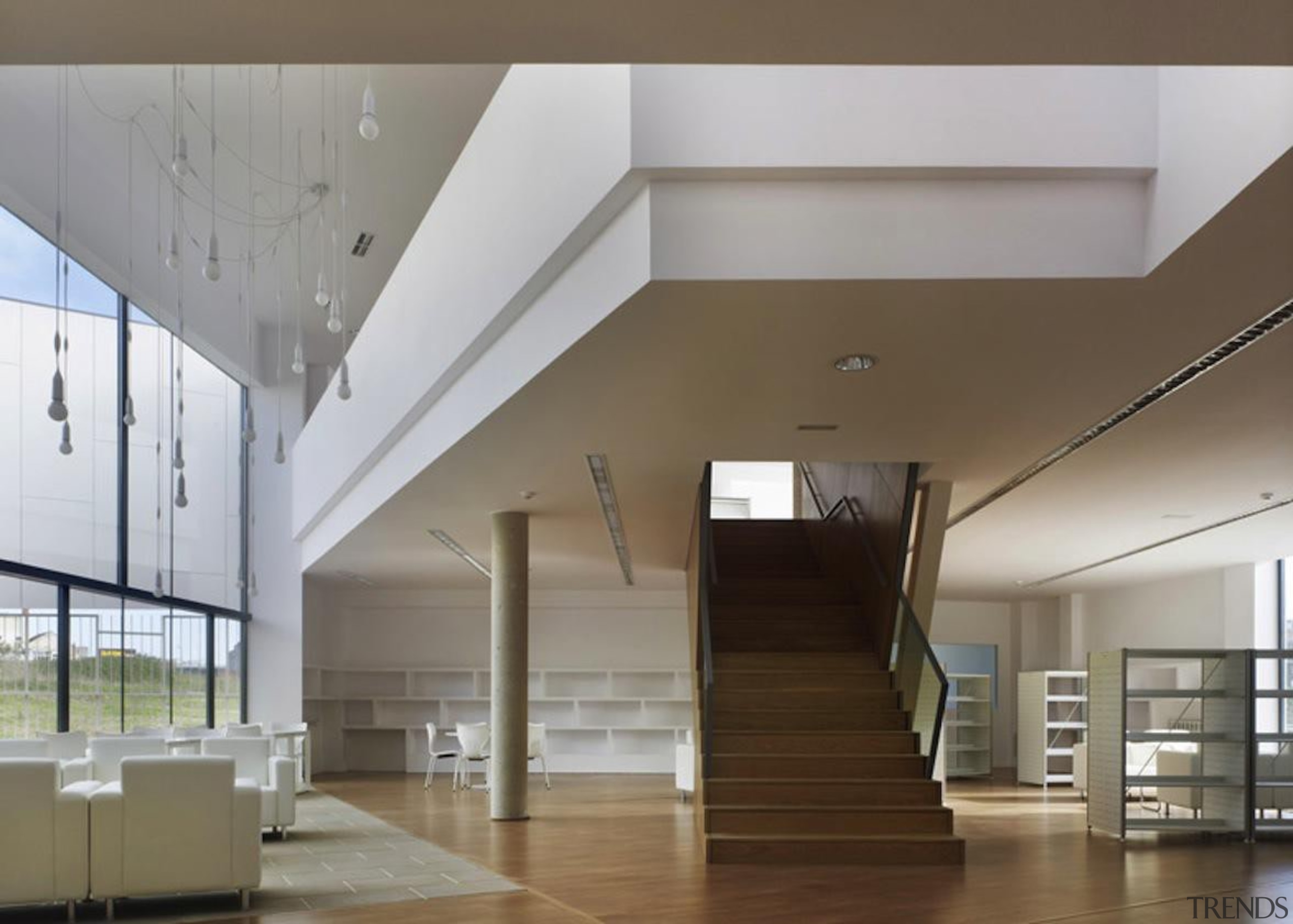 Library in Galicia, Spain - Library in Galicia, architecture, ceiling, daylighting, floor, handrail, house, interior design, lobby, real estate, stairs, gray, brown