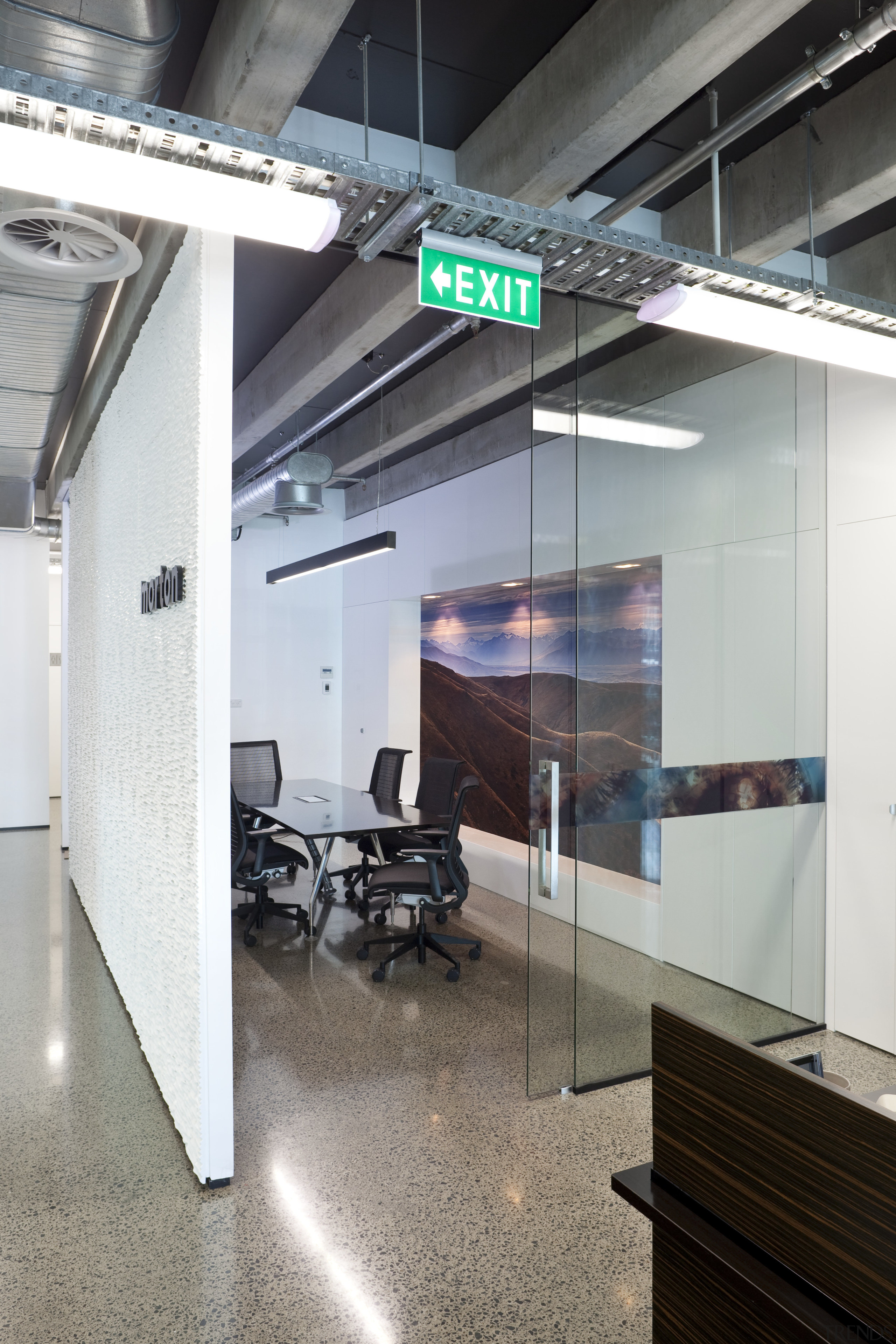 Interior view of office spaces within the hotel glass, interior design, gray, white