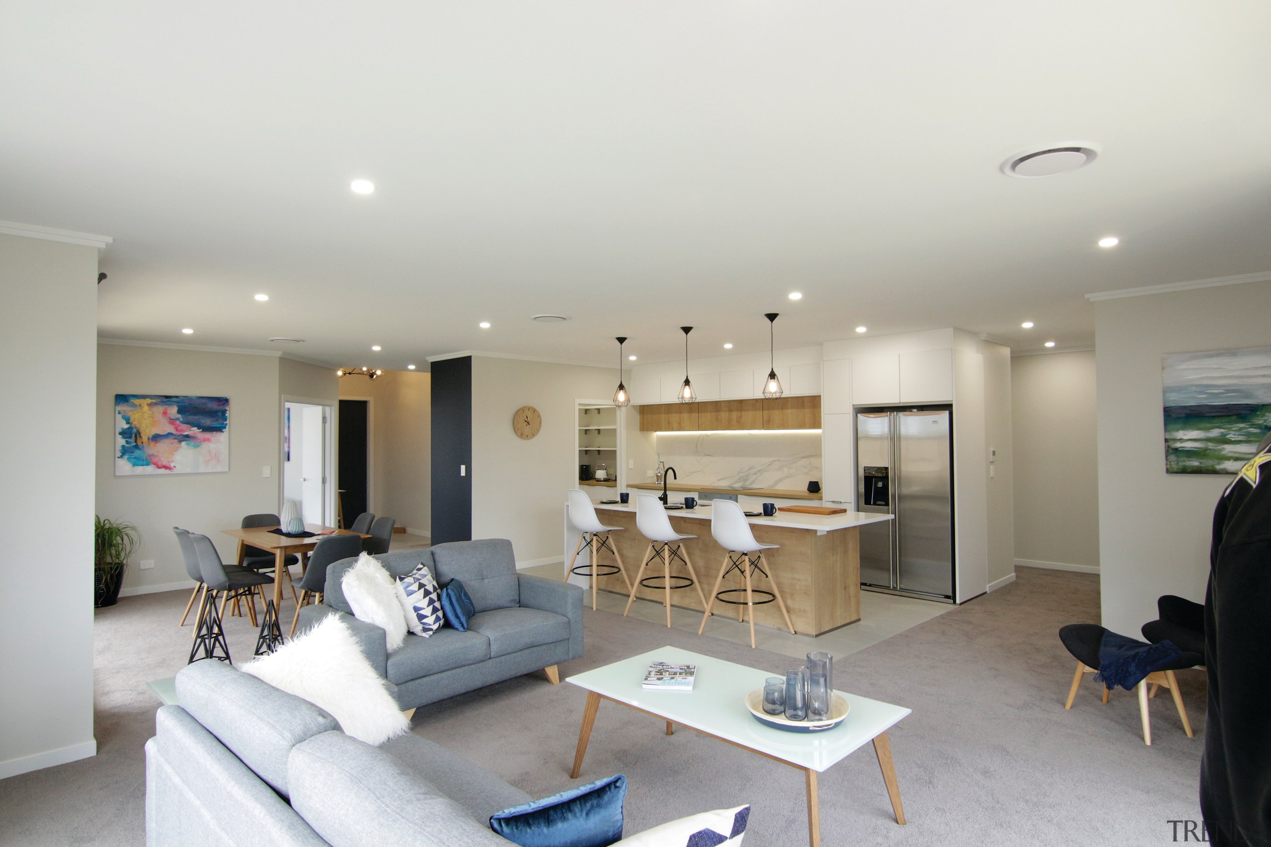 In this Orewa showhome by Fowler Homes, the living room, property, real estate, room, gray, white