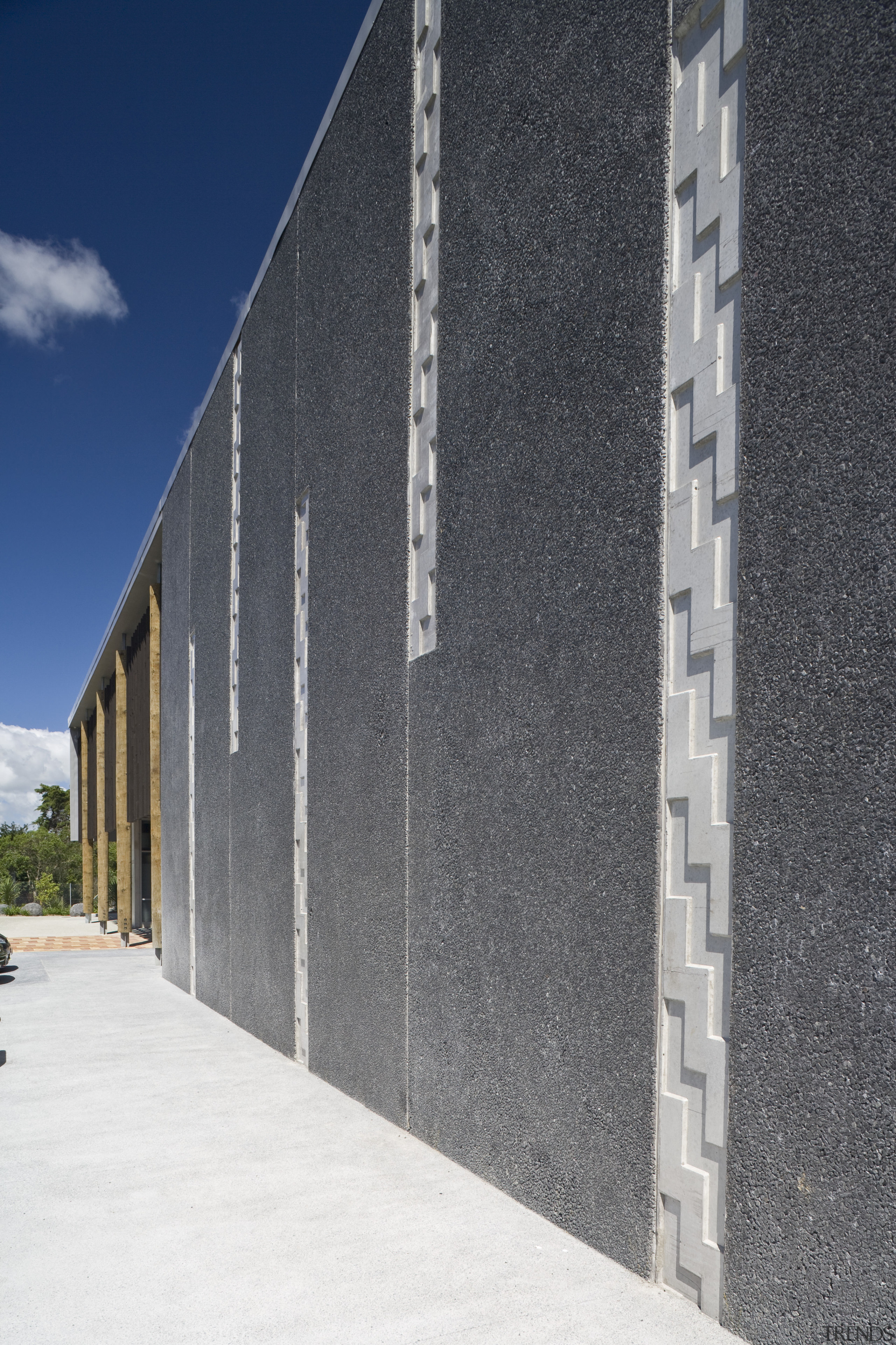 Exterior view of Tupuranga school which was designed architecture, building, facade, house, line, sky, structure, wall, gray, black