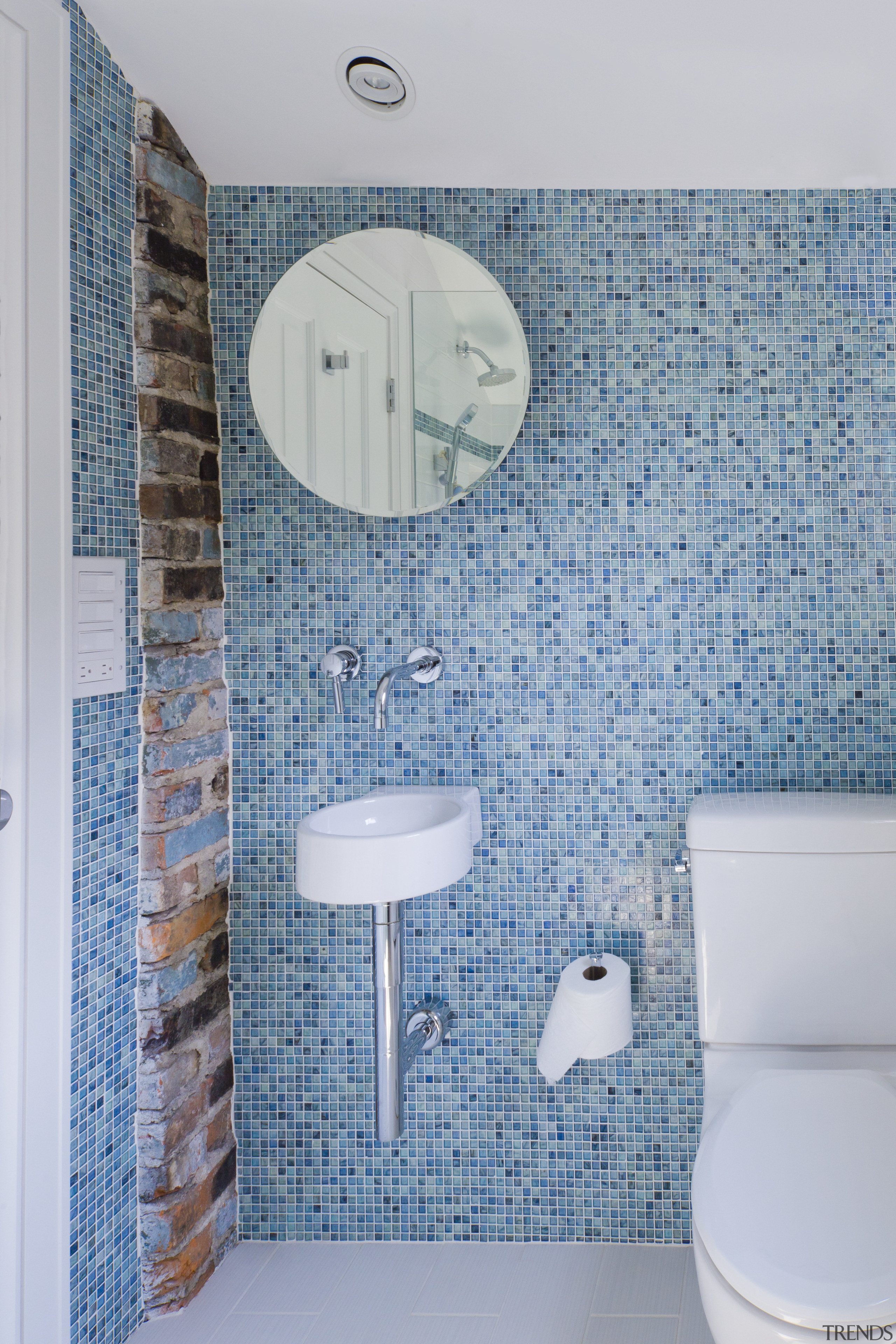 This is a home designed by John Behal bathroom, bathroom accessory, bathroom cabinet, blue, ceramic, floor, interior design, plumbing fixture, product, product design, room, tap, tile, wall, gray, teal