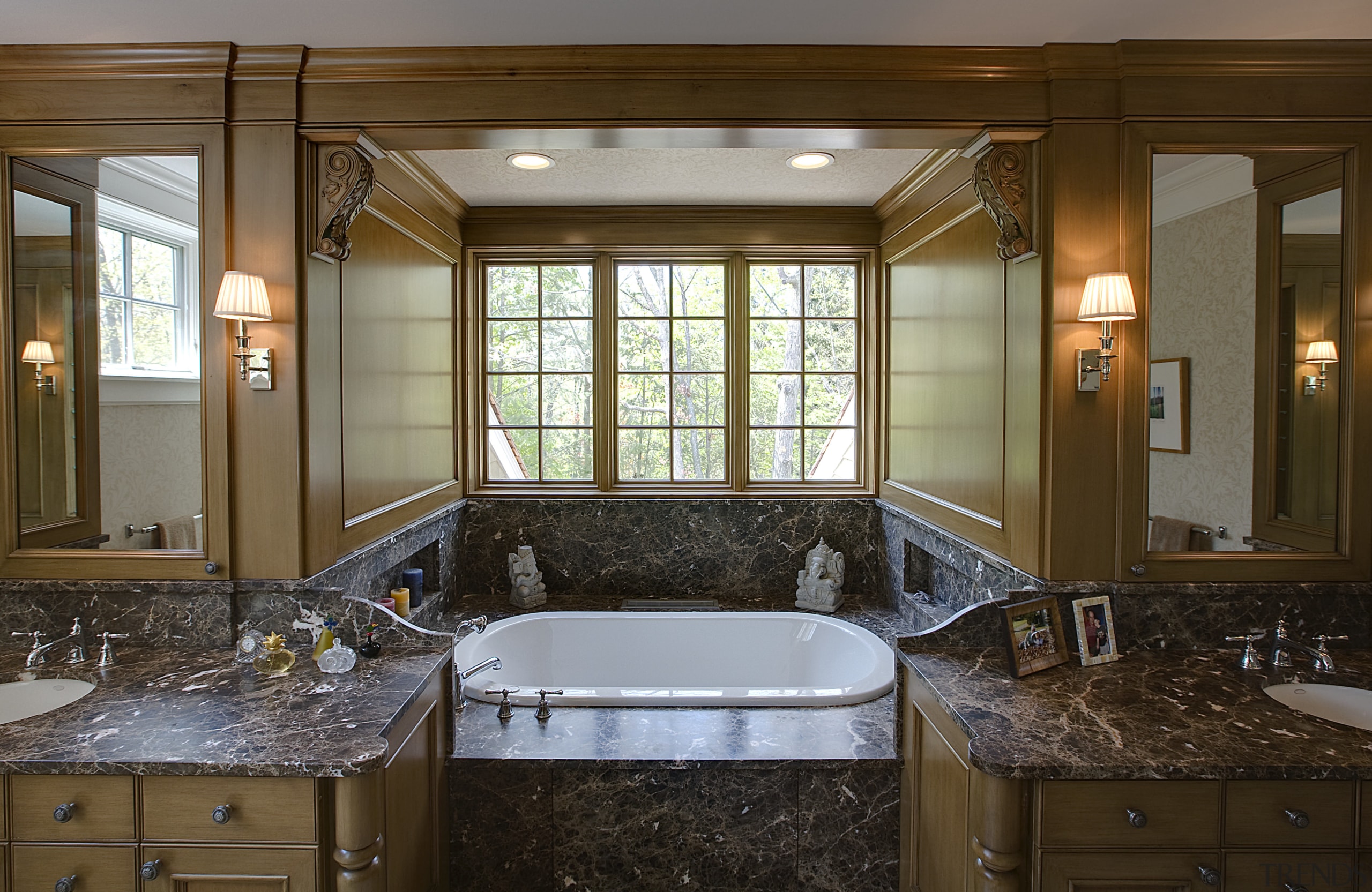 View of master bathroom which includes a bath cabinetry, countertop, estate, home, interior design, kitchen, real estate, room, window, brown