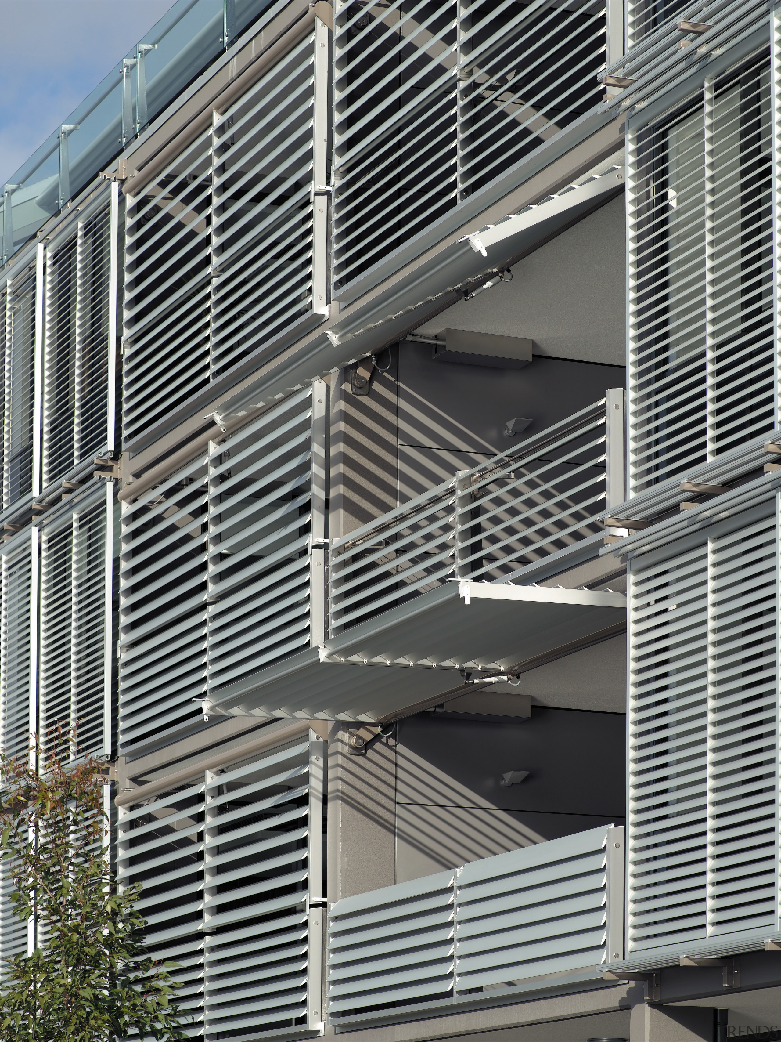 A view o some aluminium louvres from Architectural architecture, building, daylighting, facade, line, structure, window, window covering, gray, black