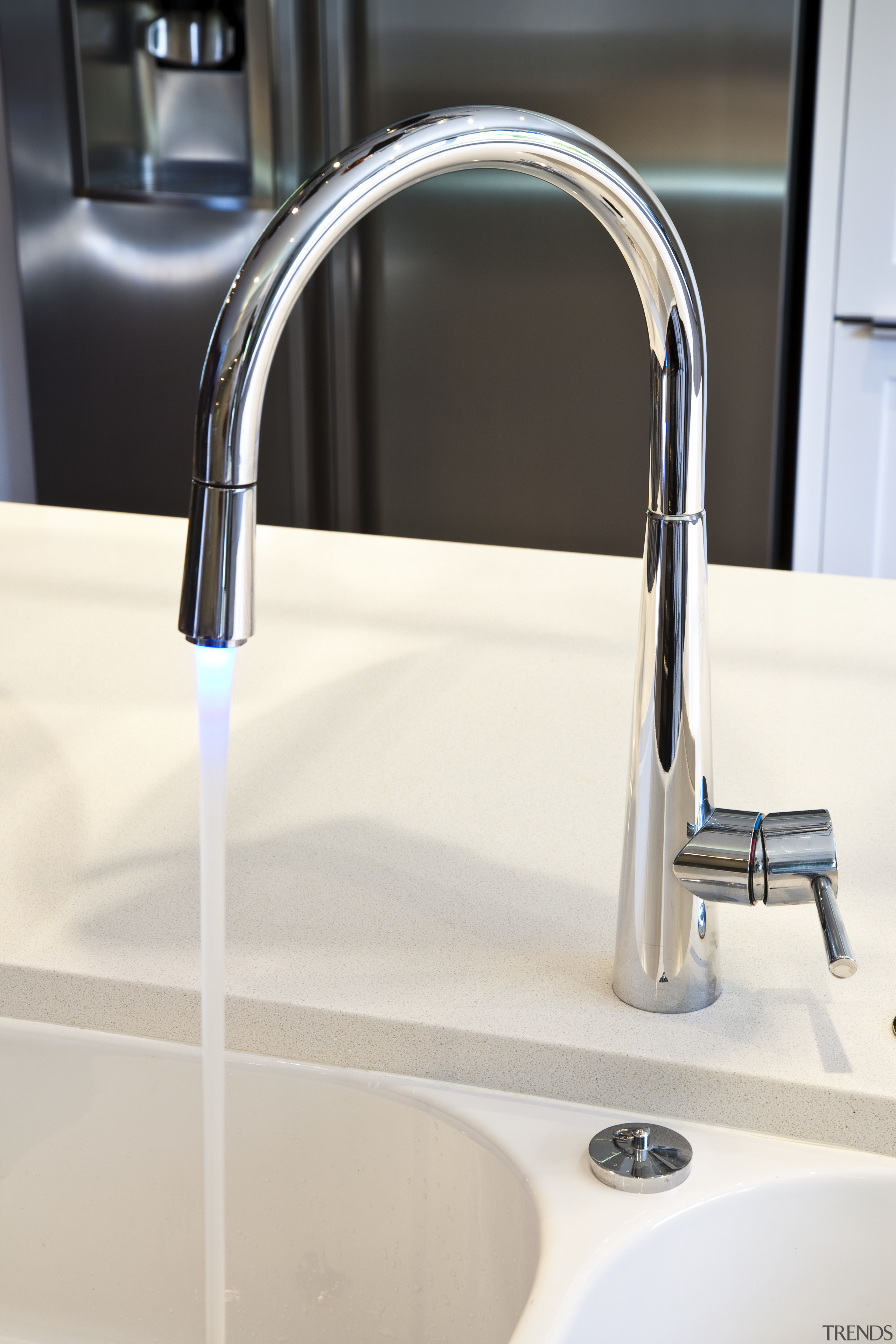 The tap features an LED light that changes plumbing fixture, product, product design, sink, tap, white