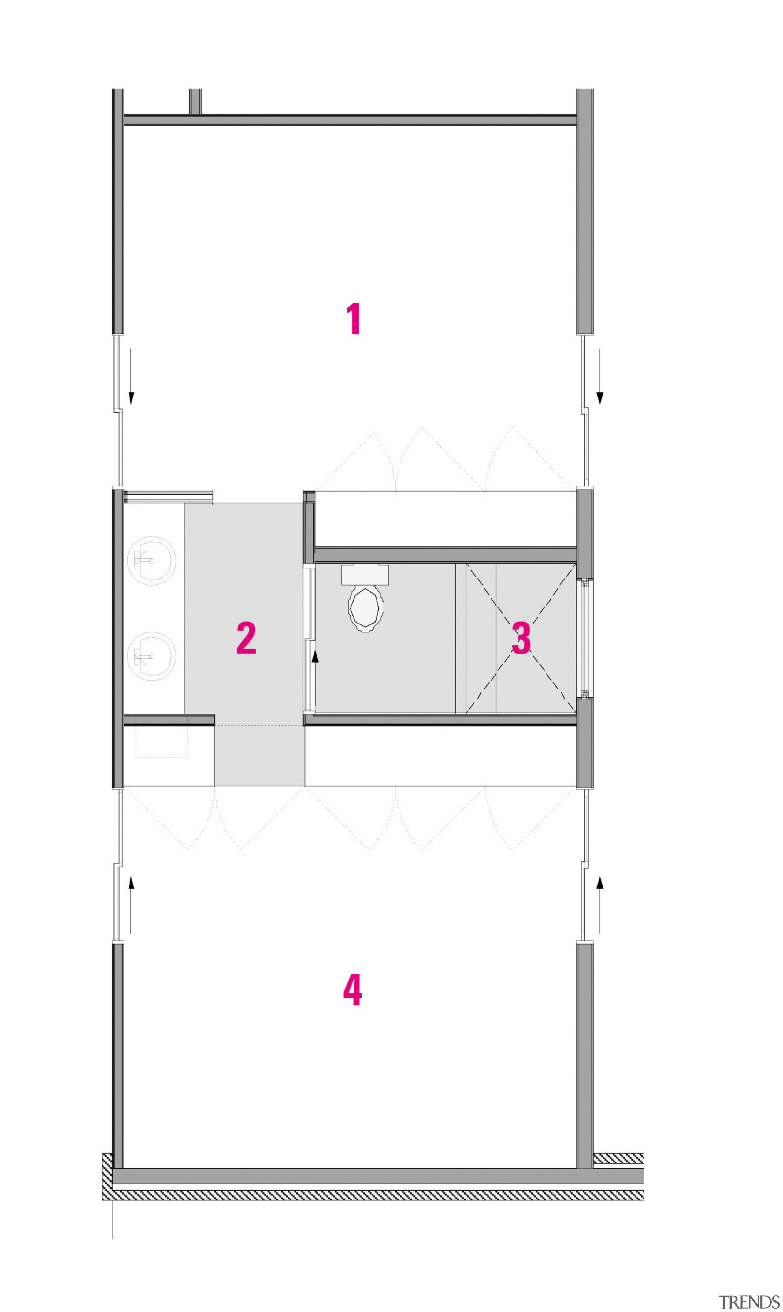 Legend For Plan: 1 bedroom, 2 bathroom, 3 angle, area, design, diagram, drawing, floor plan, furniture, line, pink, product, product design, square, text, white