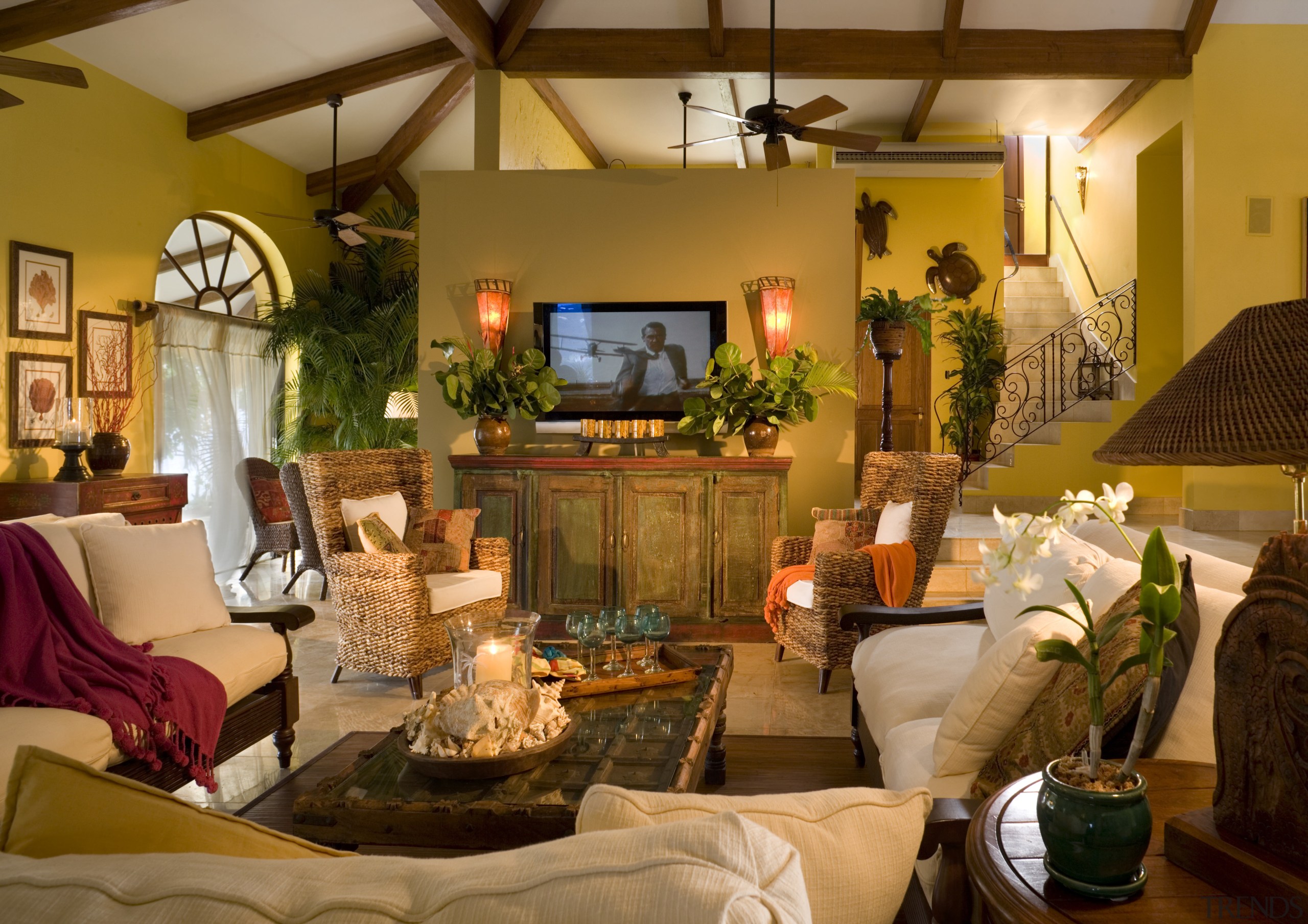 View of main living room &amp; stairway - home, interior design, living room, restaurant, room, table, brown, orange
