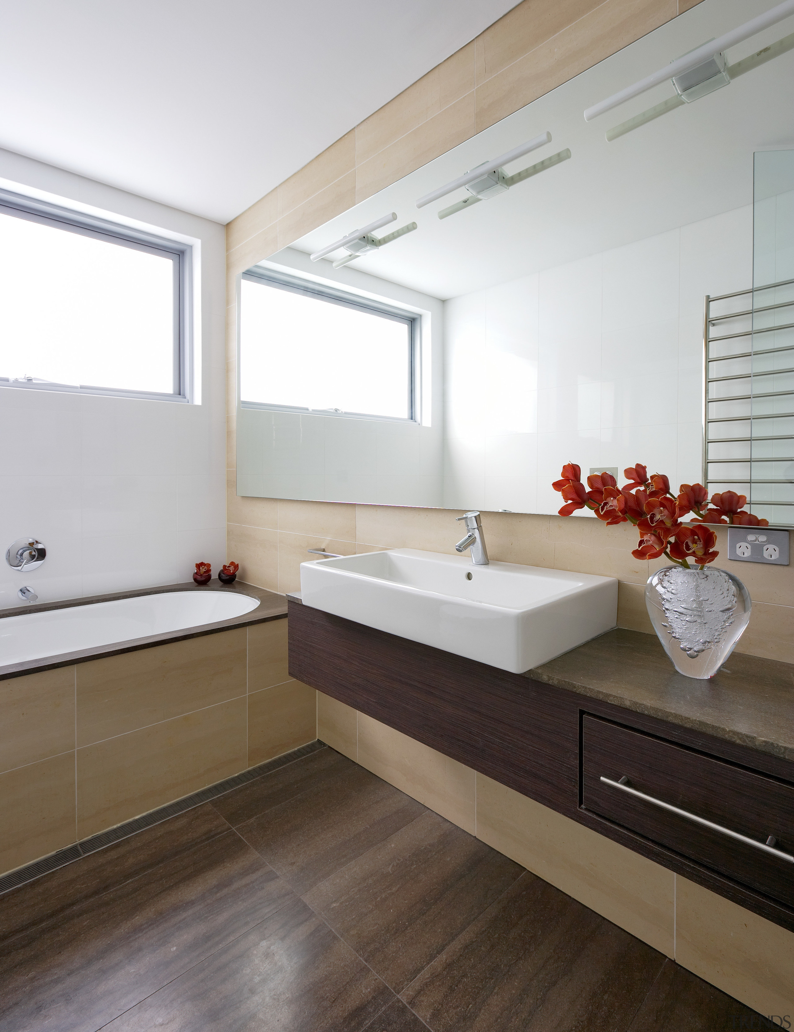 A glazed, three-storey atrium fills this home with architecture, bathroom, floor, home, interior design, room, sink, white, brown