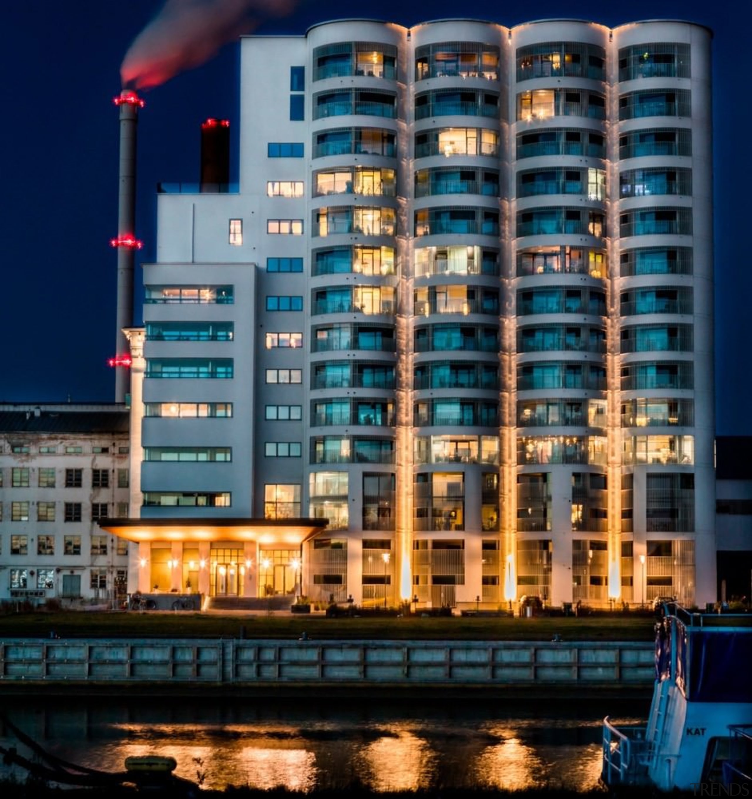 The Tervahovi Silos / PAVE Architects - The apartment, architecture, building, city, cityscape, condominium, corporate headquarters, downtown, facade, hotel, metropolis, metropolitan area, mixed use, night, reflection, residential area, sky, skyline, skyscraper, tower block, urban area, water, black