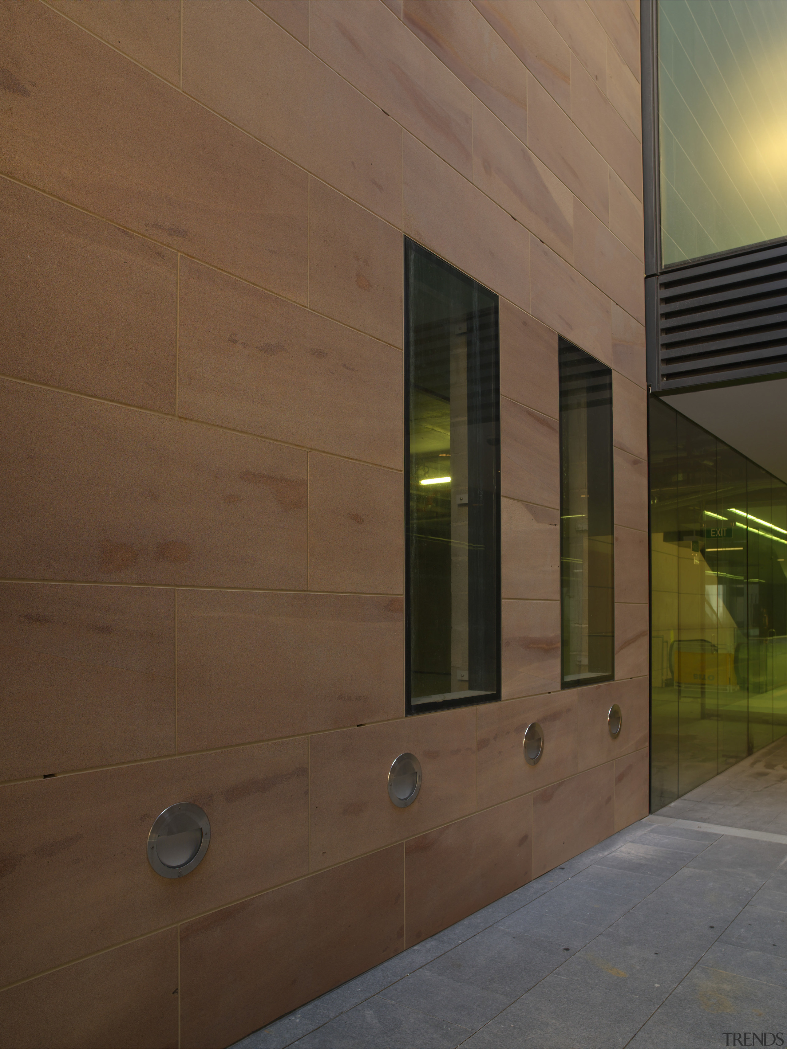 View of sandstone walls by Bondi Stone. - architecture, ceiling, daylighting, facade, floor, home, house, interior design, light, lighting, wall, window, wood, brown