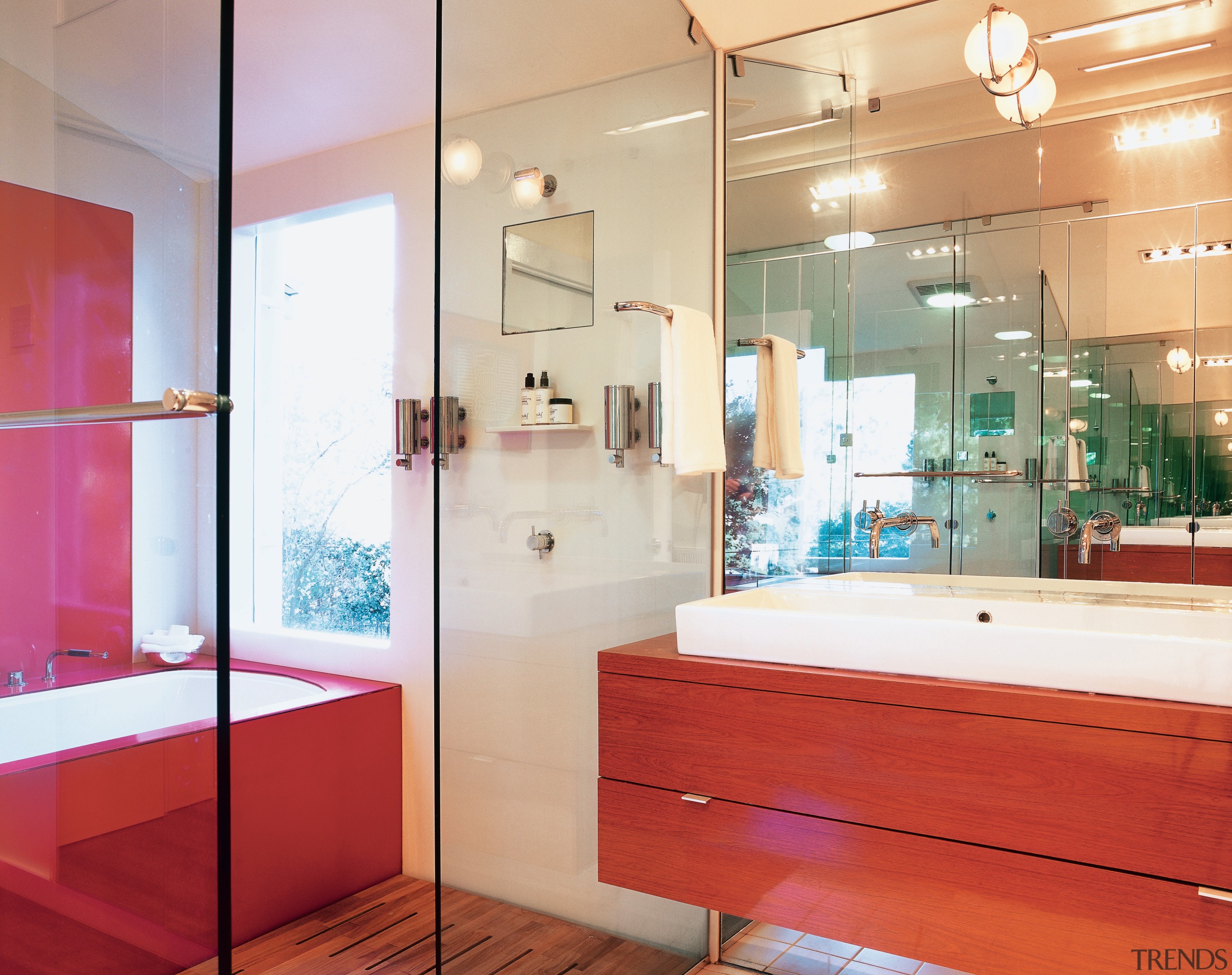 A view of the bathroom area, wooden flooring, bathroom, home, interior design, room, red, gray