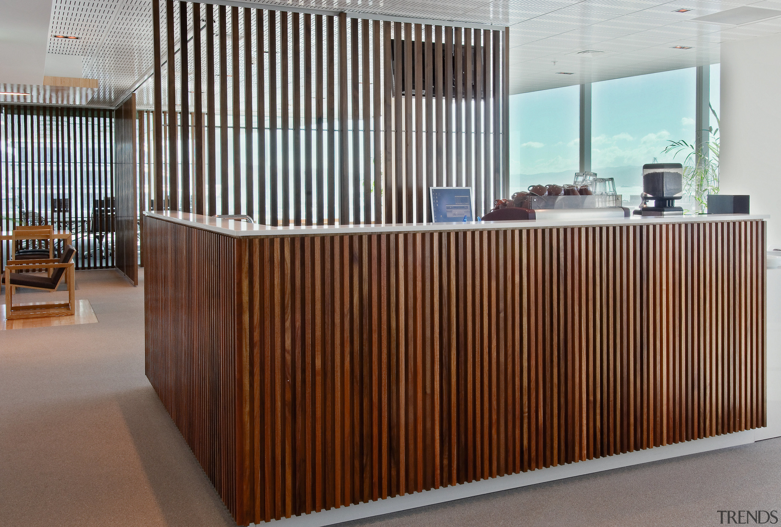 A view of polished timber partitioning screens,some moveable. furniture, product, wall, brown, gray