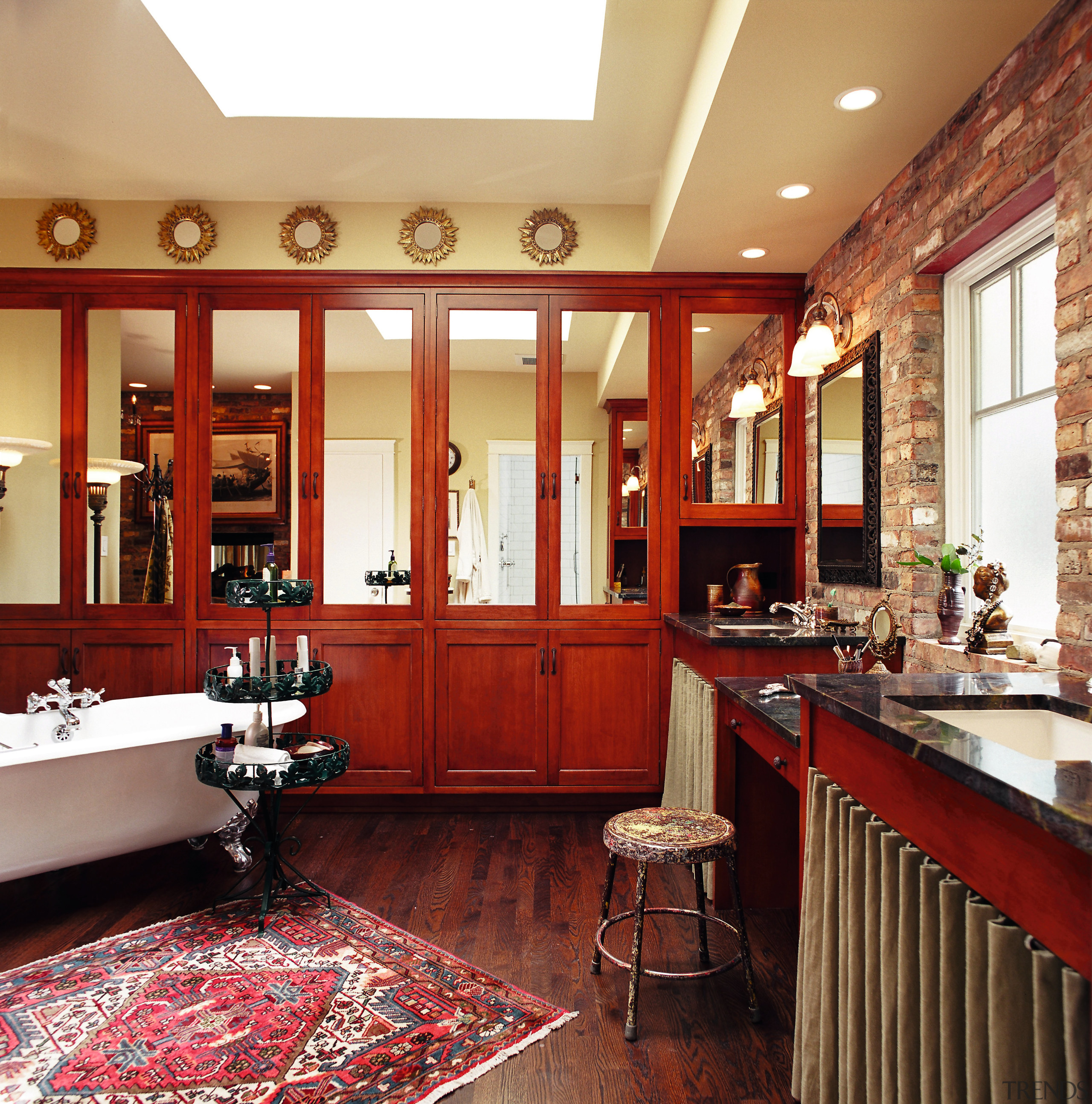A view of the bathroom, wooden floors and cabinetry, ceiling, countertop, interior design, kitchen, room, window, red