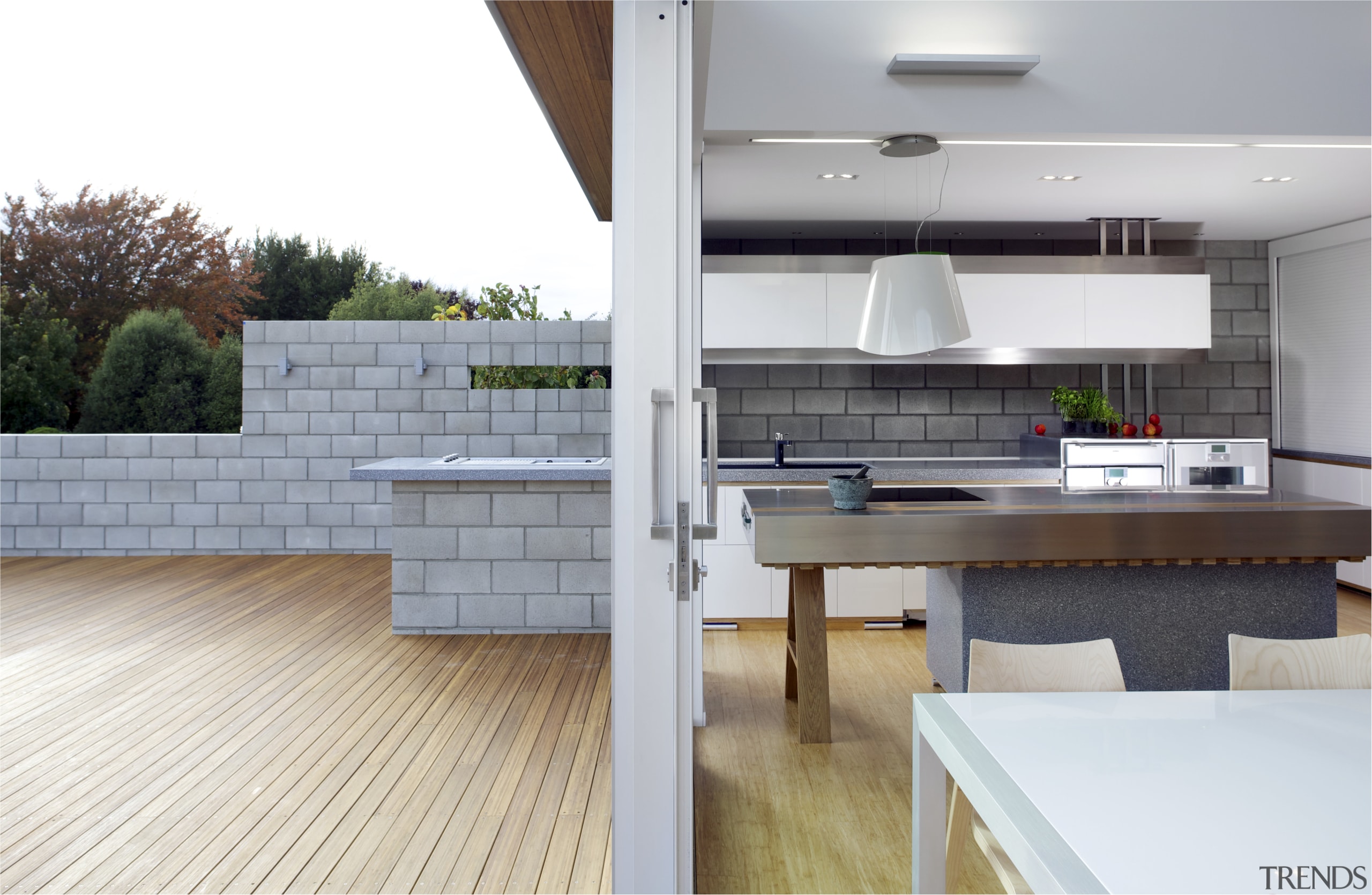 This kitchen features Stainless Steel benchtops. It was architecture, countertop, floor, house, interior design, kitchen, real estate, white, gray