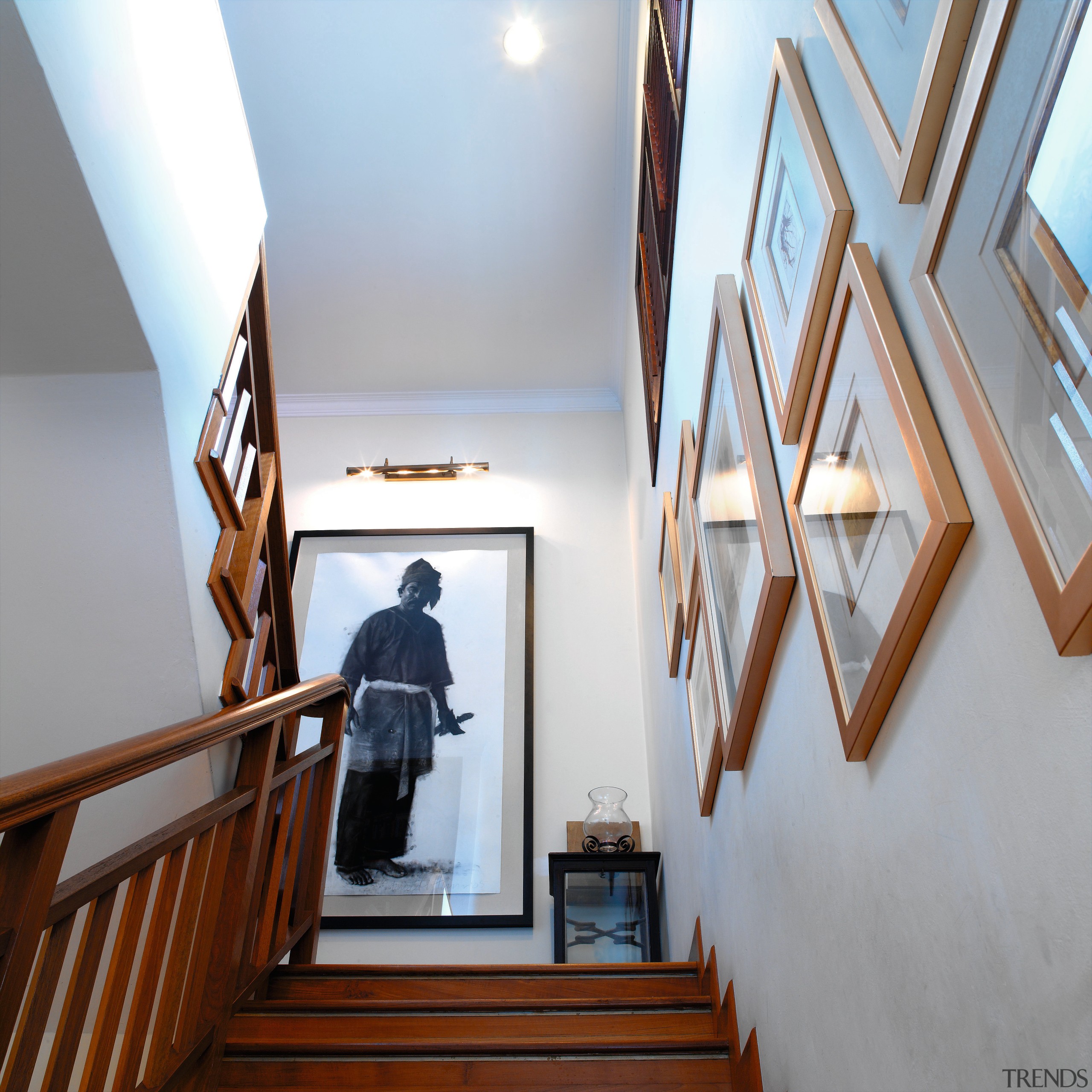 botanical prints line this stairway - botanical prints architecture, ceiling, daylighting, floor, handrail, home, house, interior design, room, stairs, wall, window, wood, gray, white