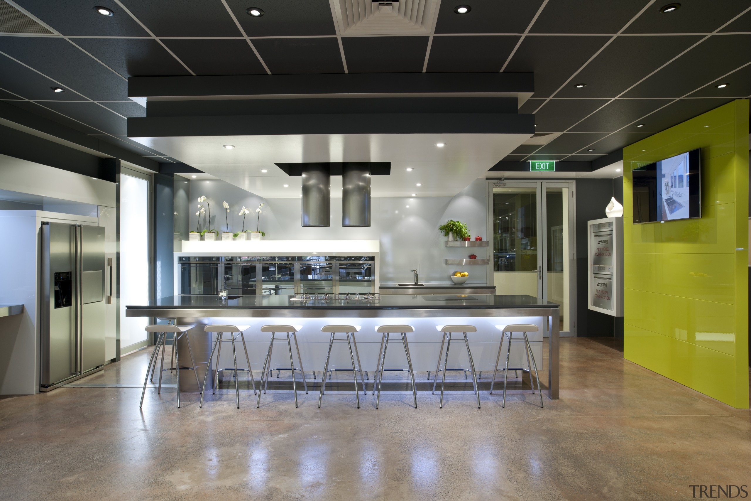 View of kitchen with Smeg appliances and feature ceiling, interior design, lobby, gray, black