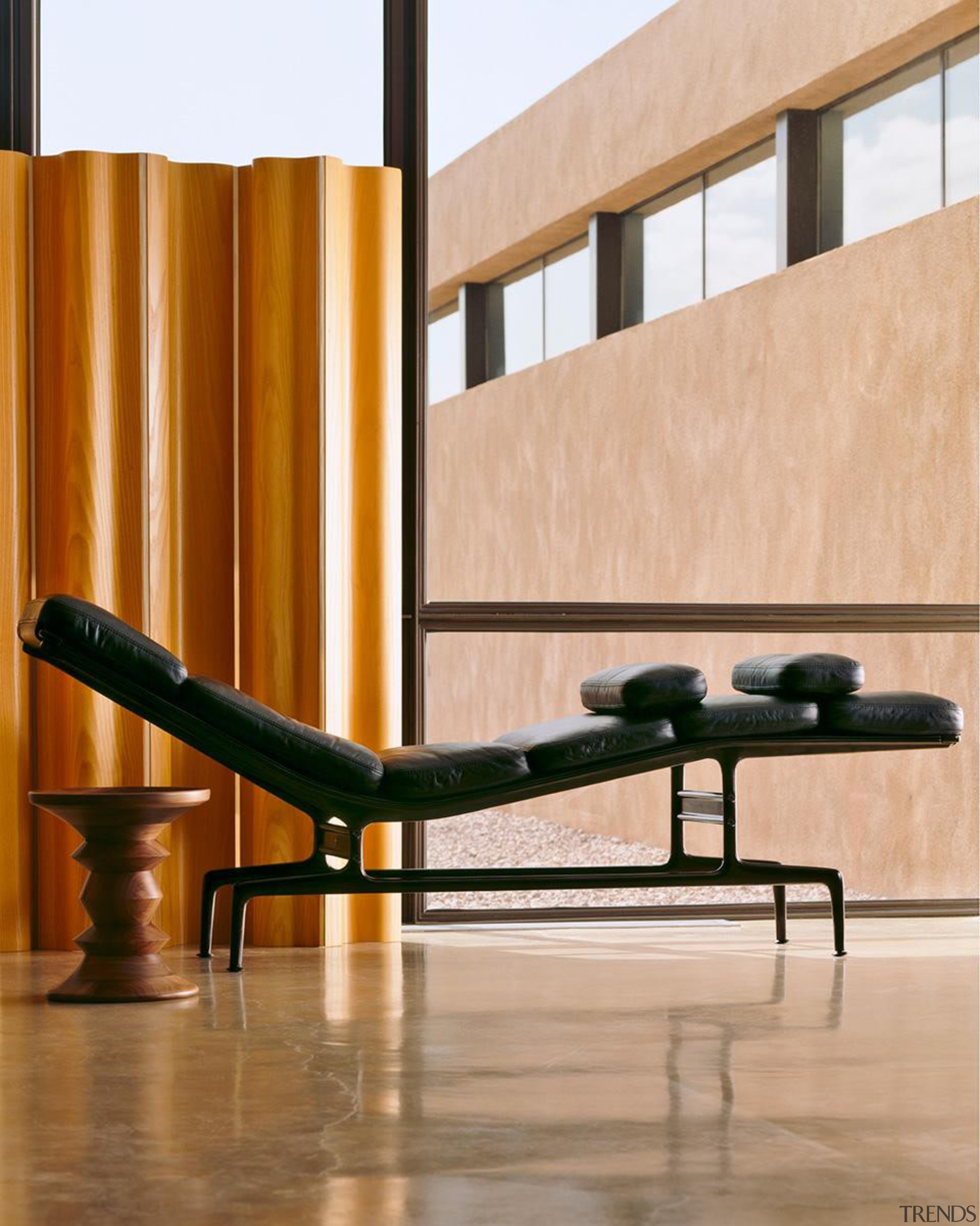 Eames chaise longue by Charles and Ray Eames furniture, interior design, outdoor furniture, product design, table, orange, brown