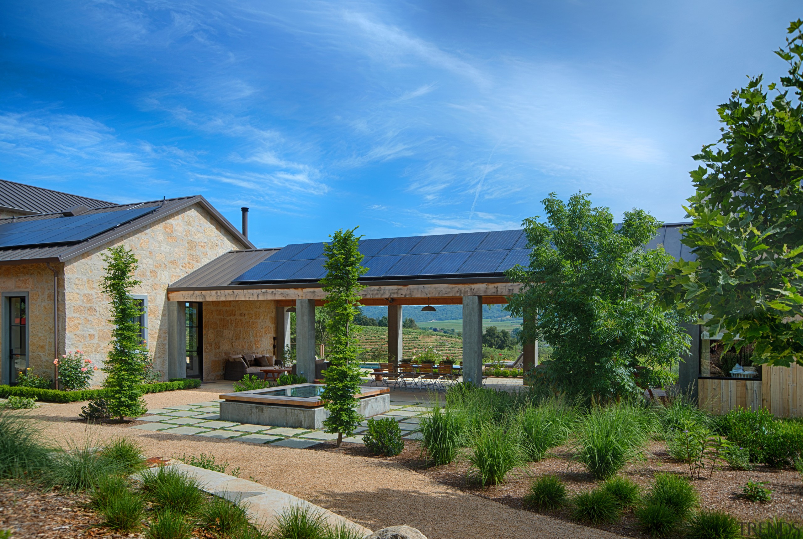 A breezeway section of this new hillside home architecture, cottage, elevation, estate, facade, home, house, landscape, property, real estate, residential area, sky, villa, teal