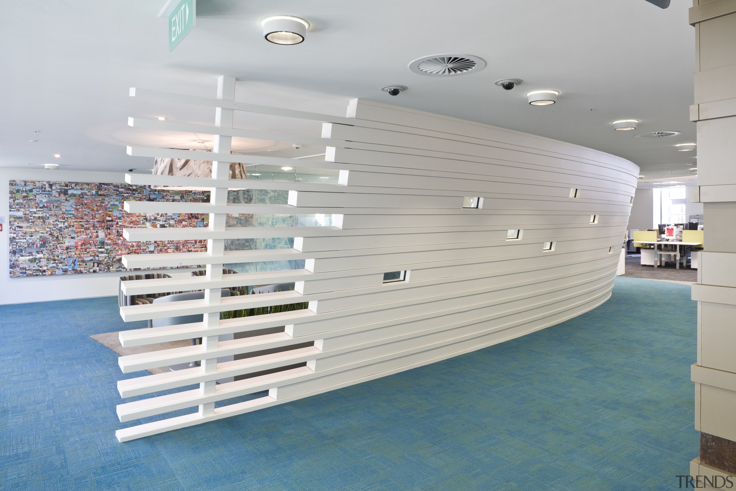 Interior view of the Westpac offices which includes architecture, daylighting, floor, furniture, interior design, product design, shelf, shelving, wood, gray, teal