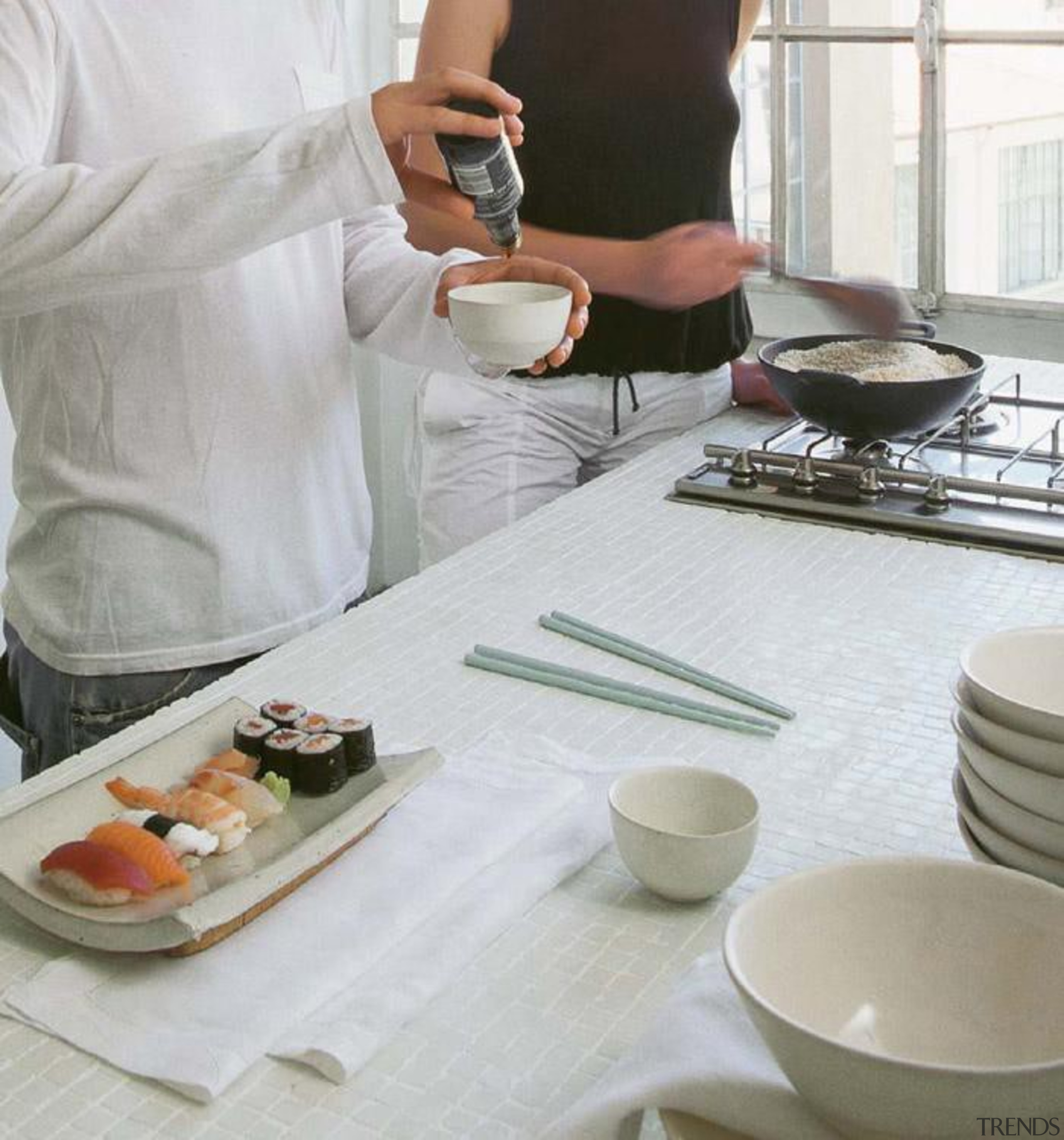 vetro bianco kitchen benchtop mosaic - Vetro Mosaics ceramic, cook, cuisine, dishware, food, furniture, porcelain, professional, table, tableware, gray, white