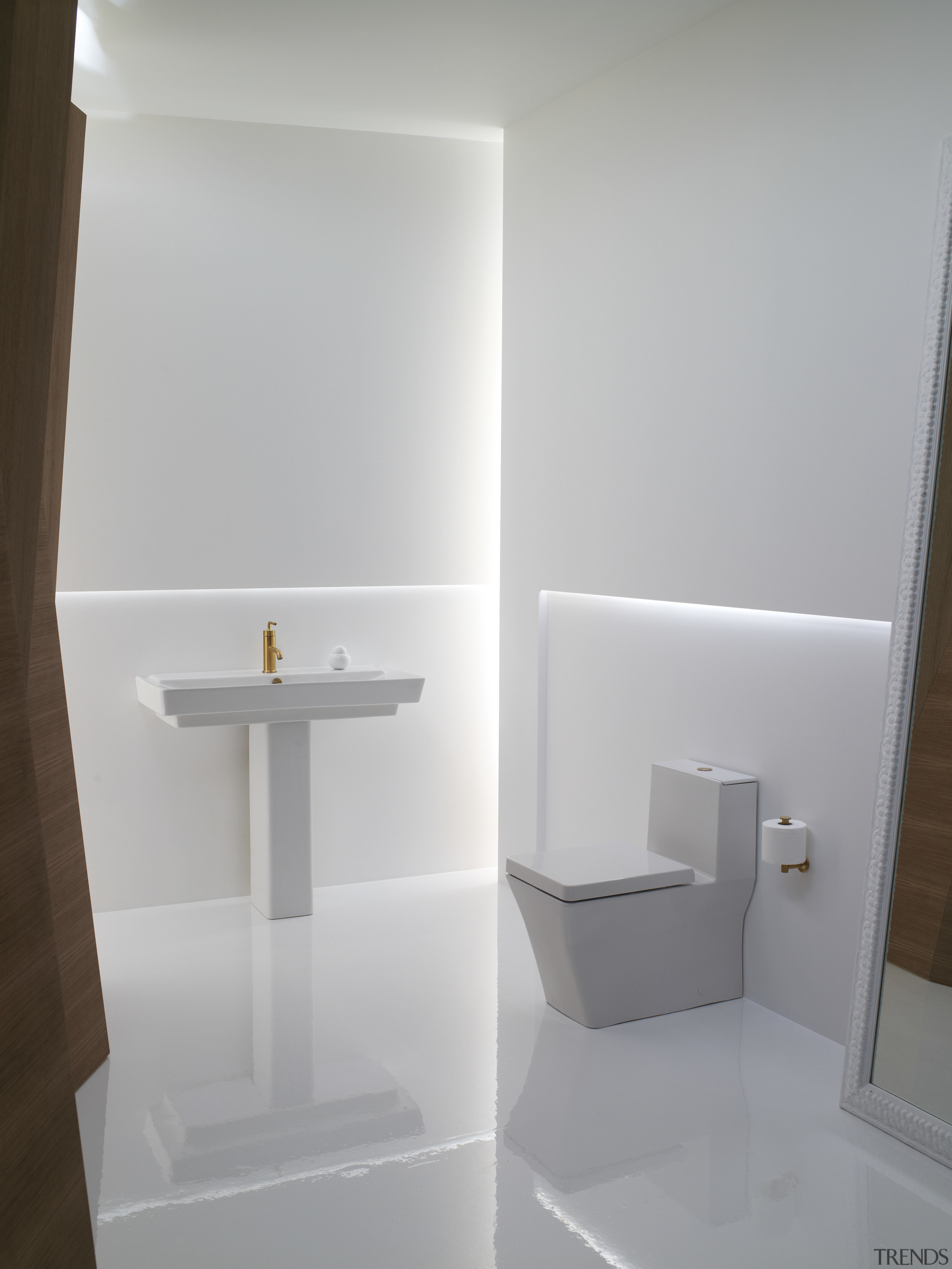 View of a high-end bathroom which features a angle, bathroom, bathroom accessory, bathroom cabinet, bathroom sink, ceramic, floor, plumbing fixture, product design, shelf, sink, tap, toilet seat, wall, gray