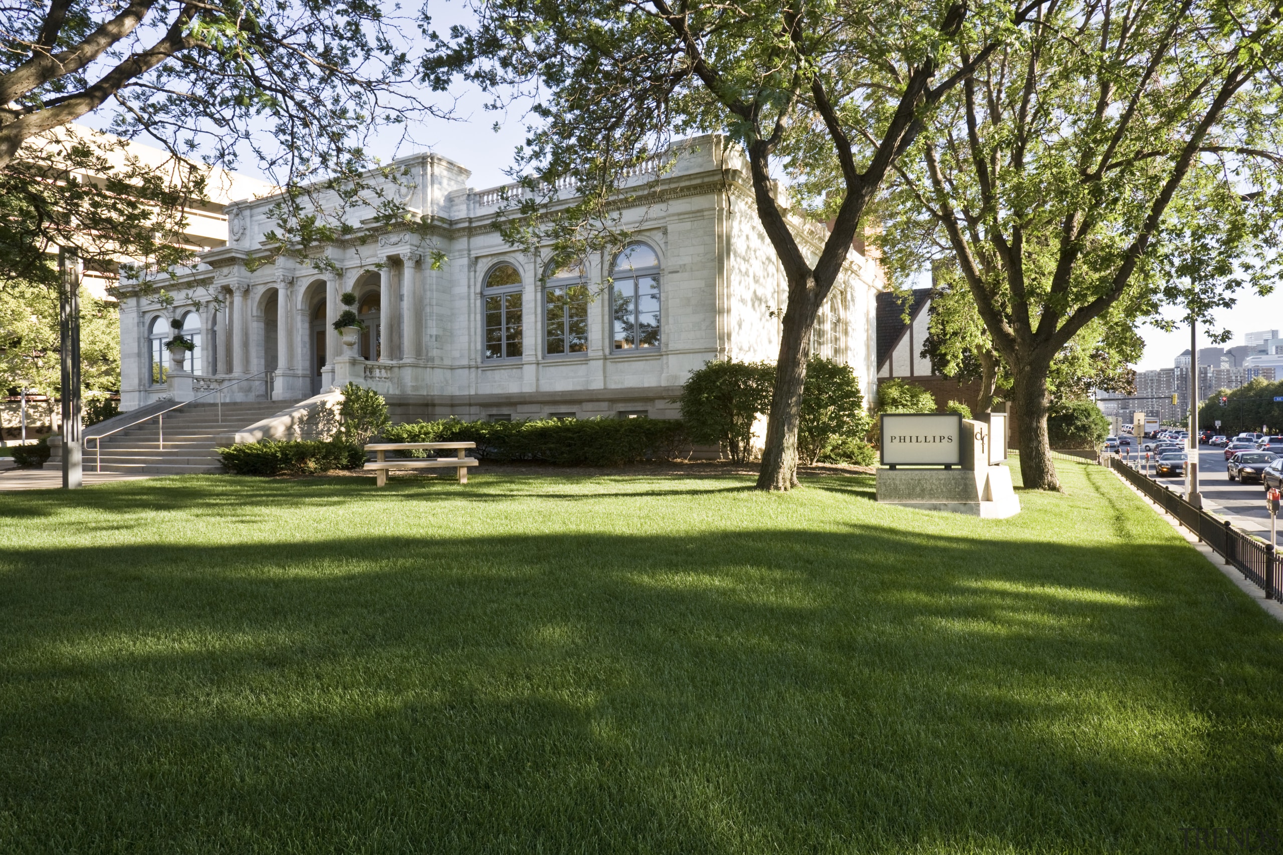 Exterior view of the Phillips Family Offices featuring building, cottage, estate, farmhouse, grass, historic house, home, house, landscape, lawn, mansion, plantation, property, real estate, tree, yard, brown, green