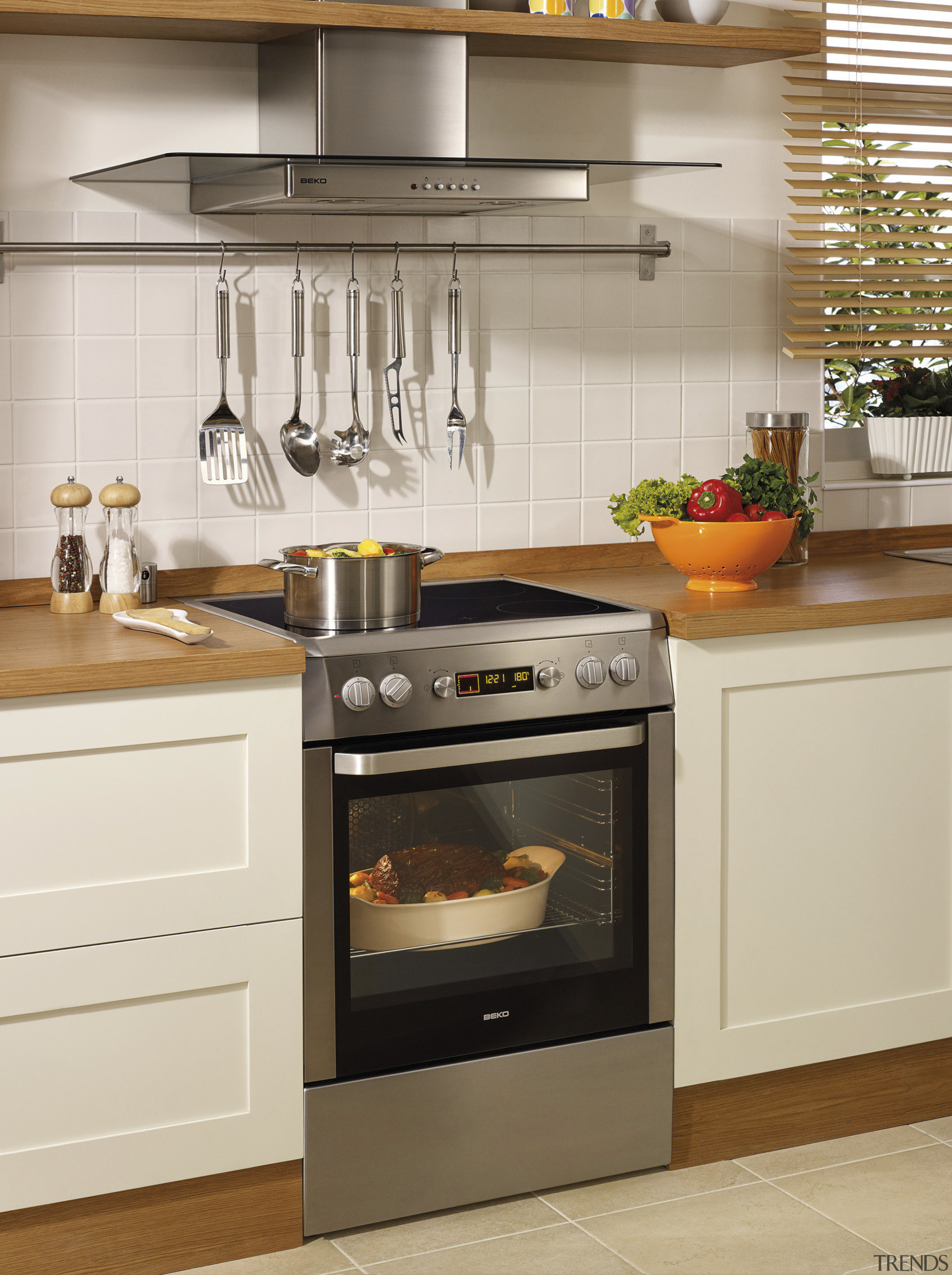 View of stainless oven and hood. - View cabinetry, countertop, gas stove, home appliance, interior design, kitchen, kitchen appliance, kitchen stove, major appliance, microwave oven, oven, refrigerator, wood burning stove, gray, brown