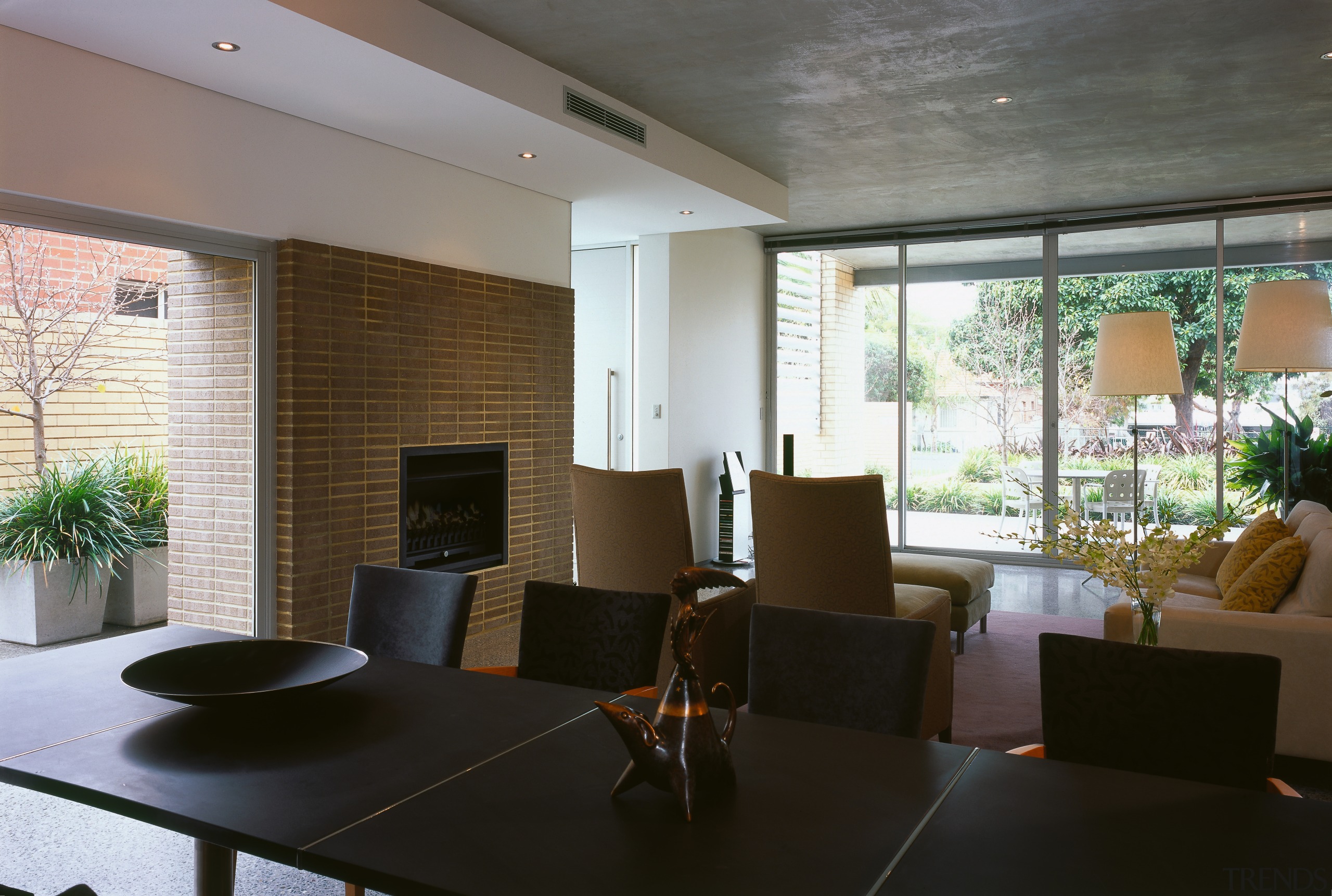 A view of the dininga nd living areas, architecture, ceiling, house, interior design, living room, lobby, real estate, table, window, black, gray