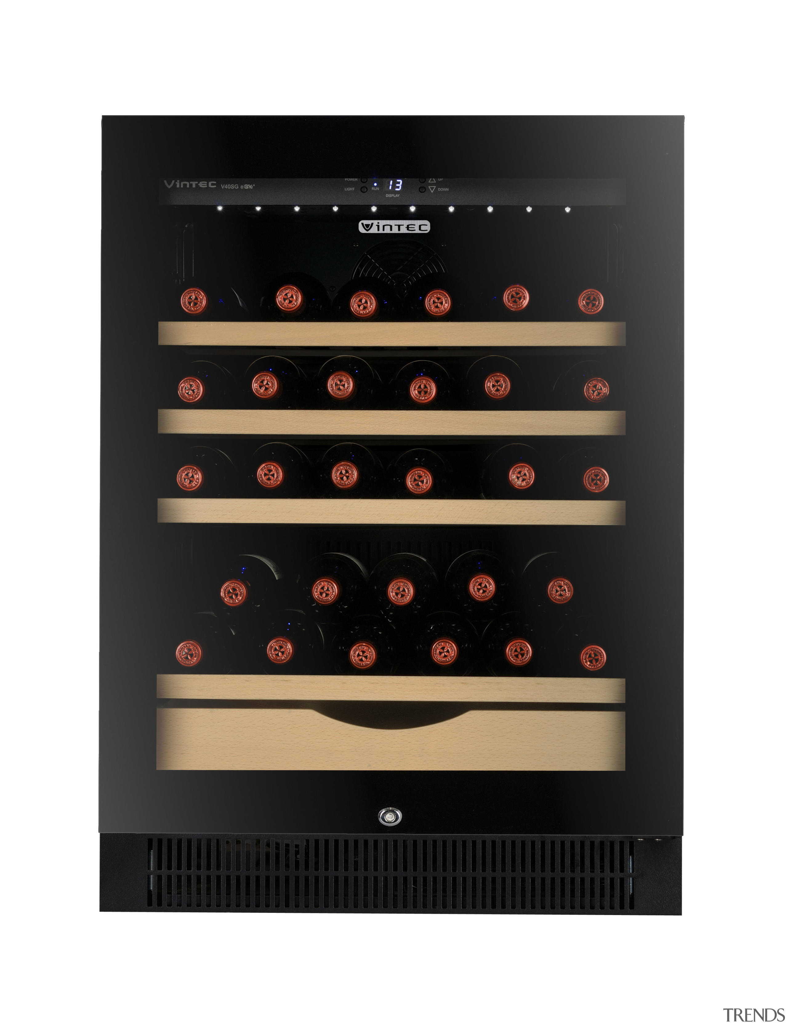 Seen here is a Transtherm/Vintec wine refrigerator. product design, black, white