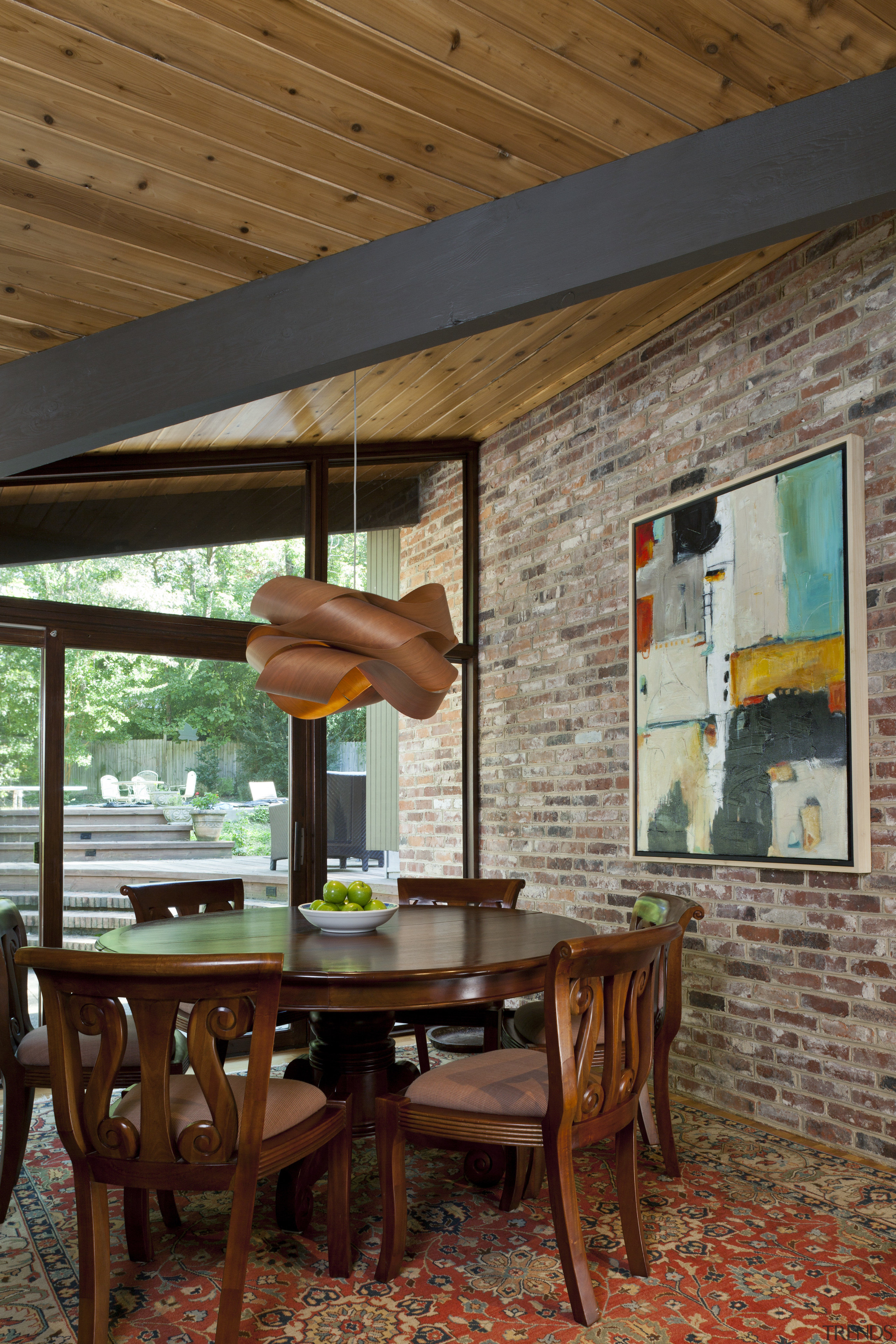 The formal dining area of this remodeled post-and-beam architecture, ceiling, dining room, home, house, interior design, living room, real estate, table, window, wood, brown