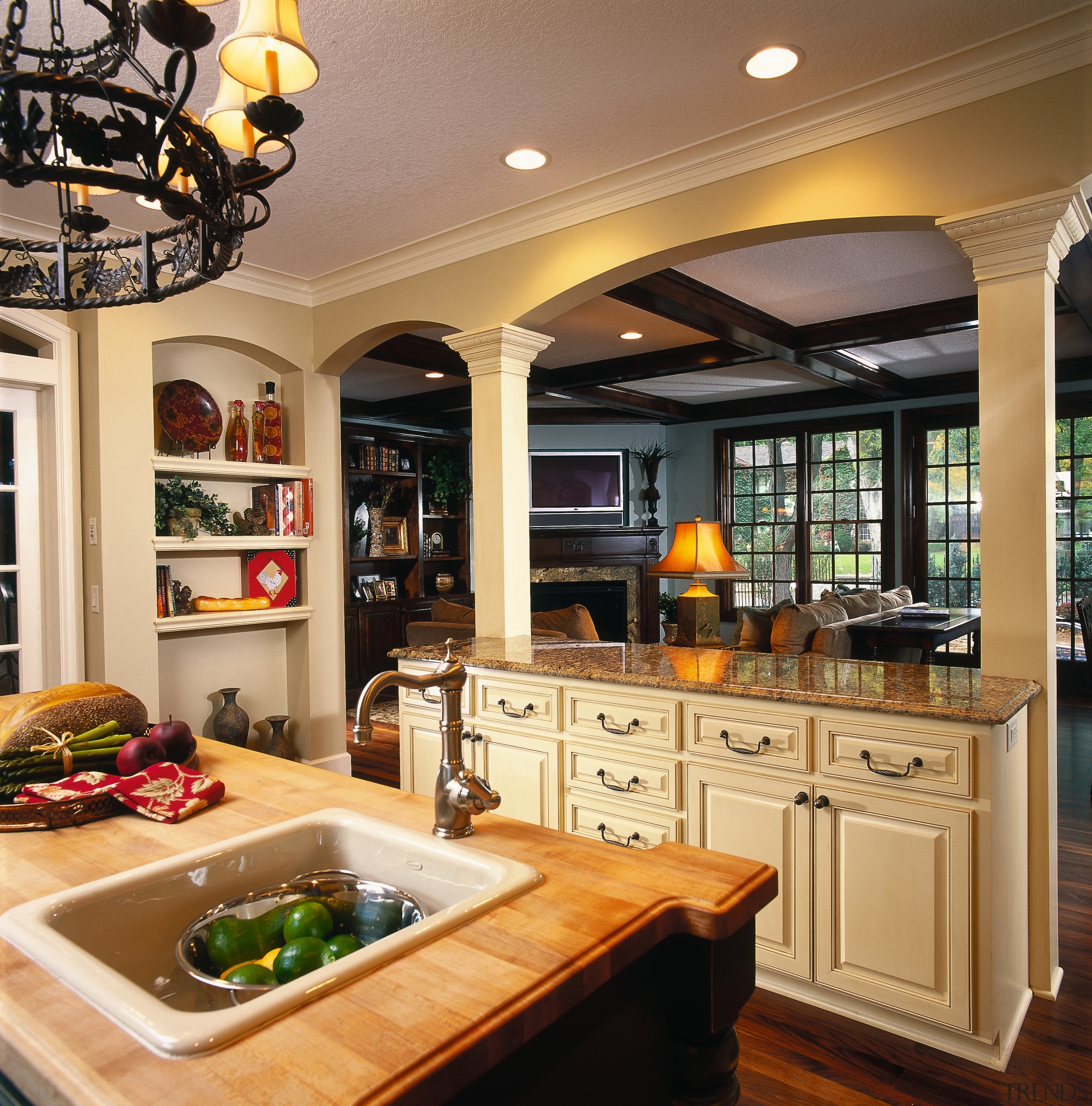 View of the kitchen are, wooden flooring, cabinetry cabinetry, ceiling, countertop, cuisine classique, interior design, kitchen, orange, brown