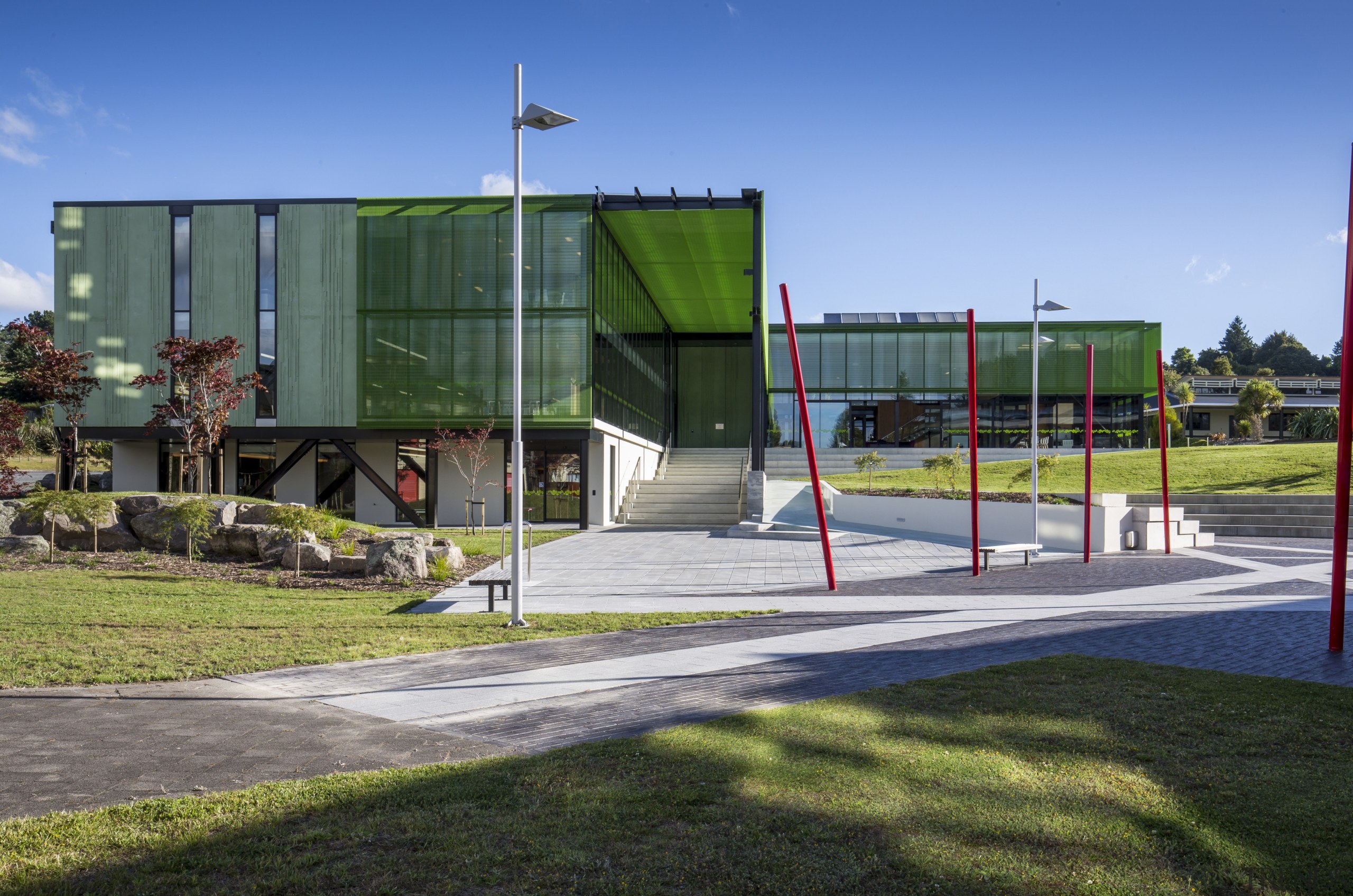 The new Health and Science Centre at the architecture, grass, public space, recreation, sky, structure, teal