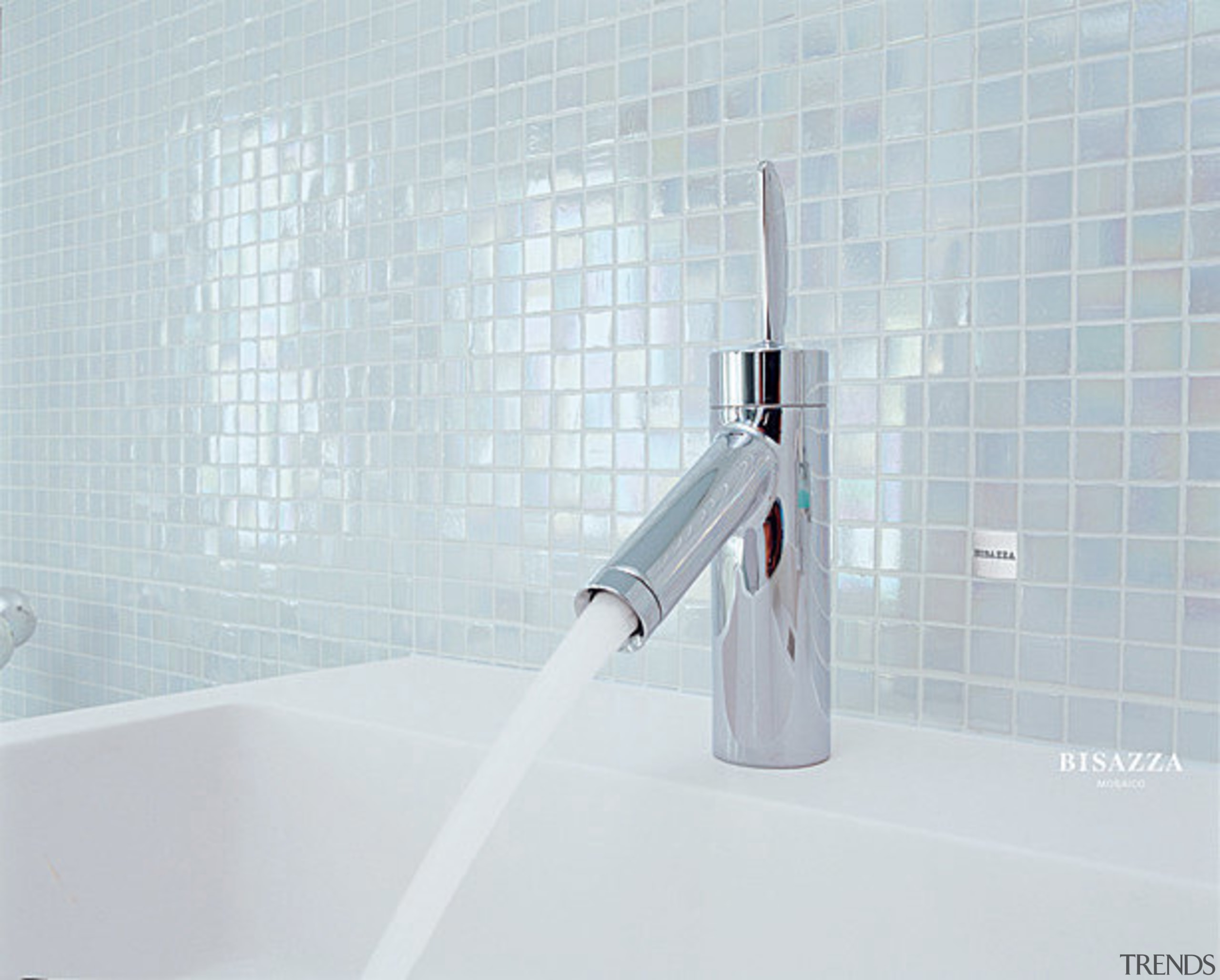 View of the tiling behind the faucet - plumbing fixture, product, product design, tap, tile, white