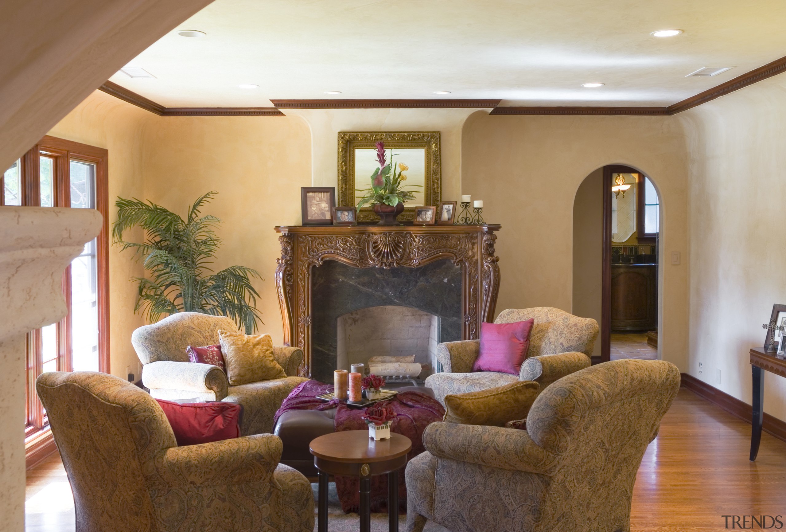 A view of the Valero home. - A ceiling, estate, hearth, home, interior design, living room, property, real estate, room, suite, wall, brown