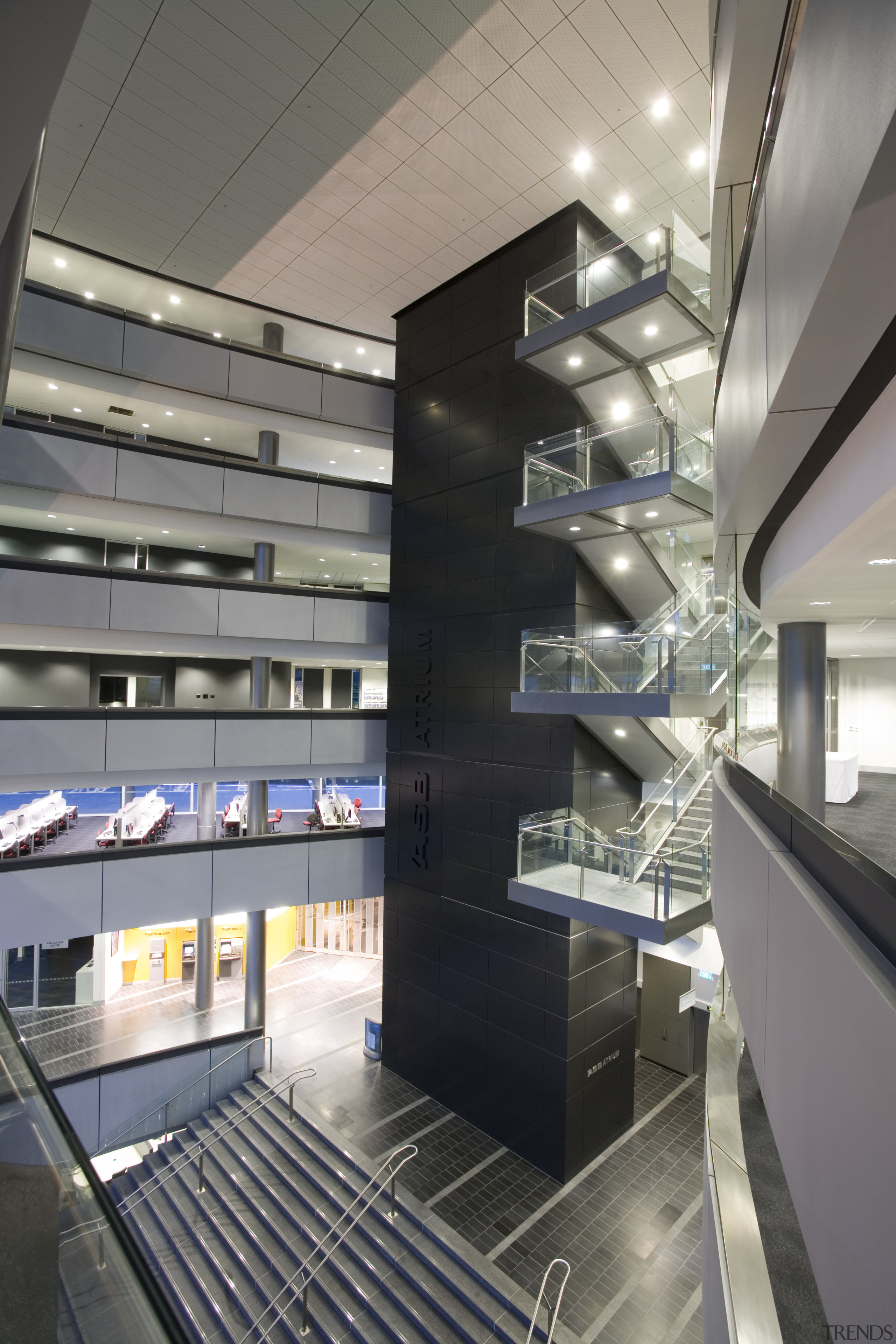 interior view of the Owen G Glenn Building architecture, building, ceiling, daylighting, glass, interior design, lobby, gray, black