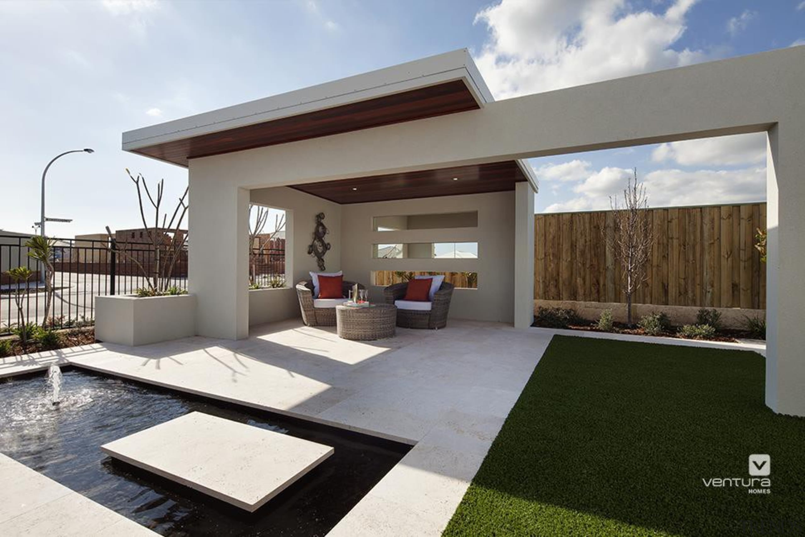 Outdoor entertainment features water feature. - The Prodigy architecture, home, house, interior design, property, real estate, roof, white, gray