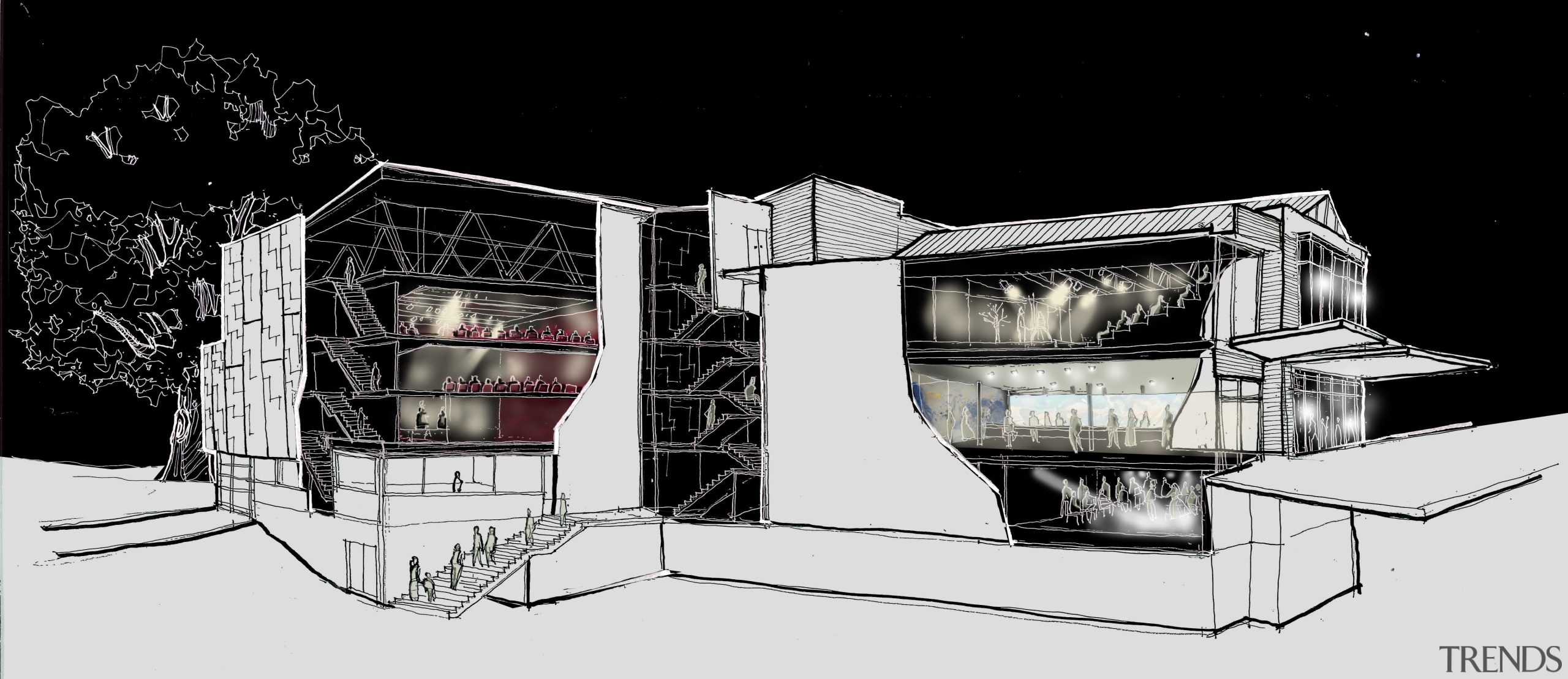 Here is a view of Auckland's Q theatre, architecture, black and white, design, house, product design, black, white