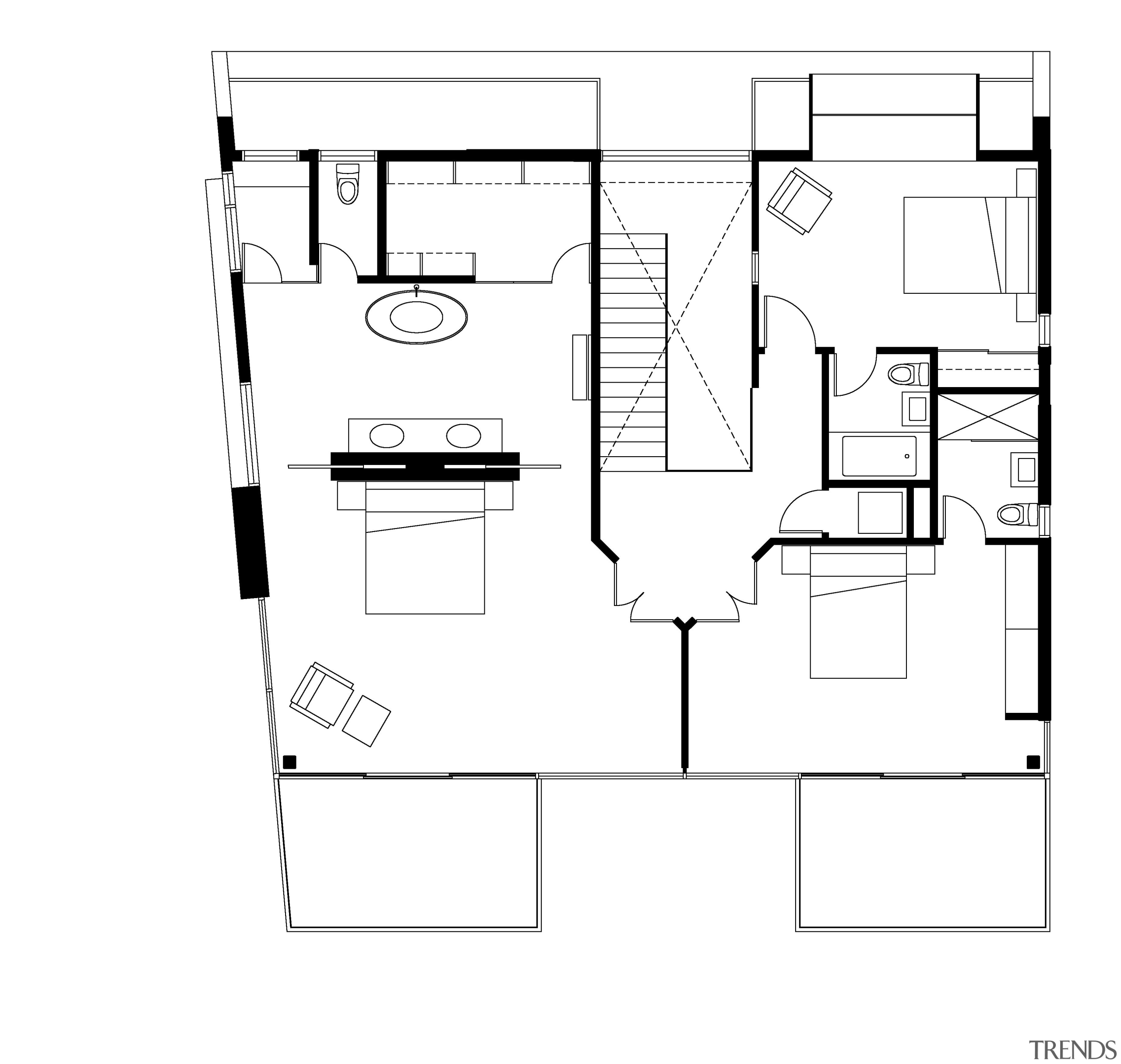 Plan of the second level of a beachside angle, architecture, area, black and white, design, diagram, drawing, floor plan, font, furniture, line, plan, product, product design, square, text, white