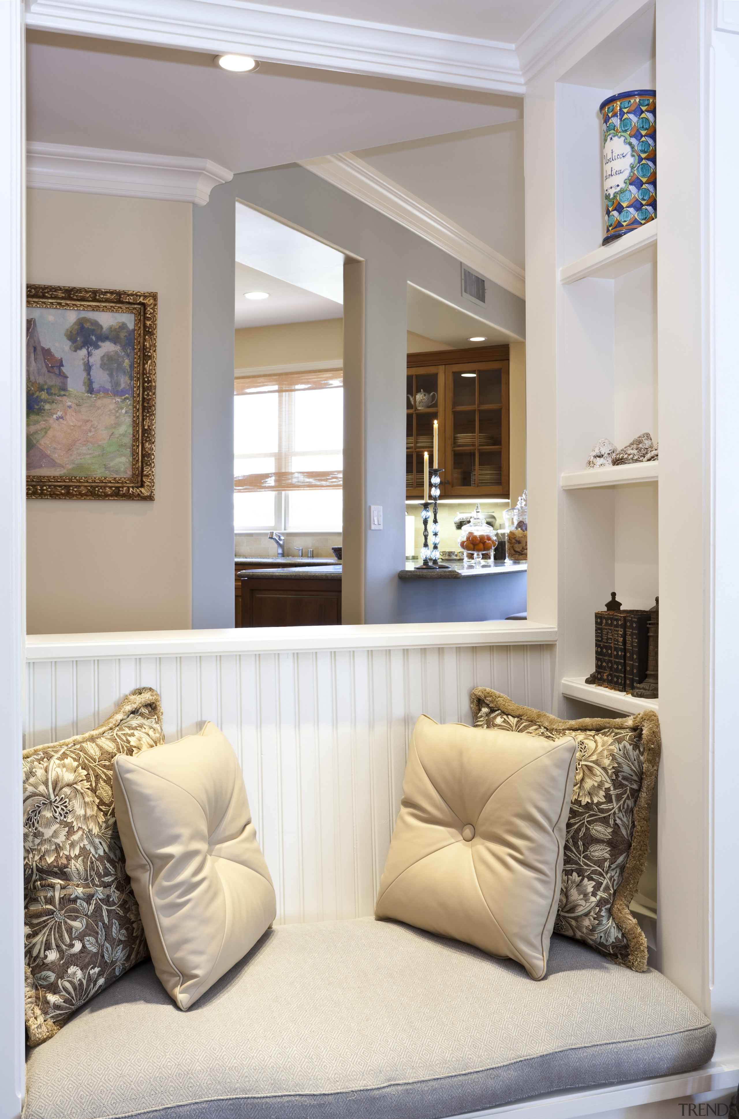 Interior view of this remodeled traditional condo by ceiling, home, interior design, living room, room, window, gray