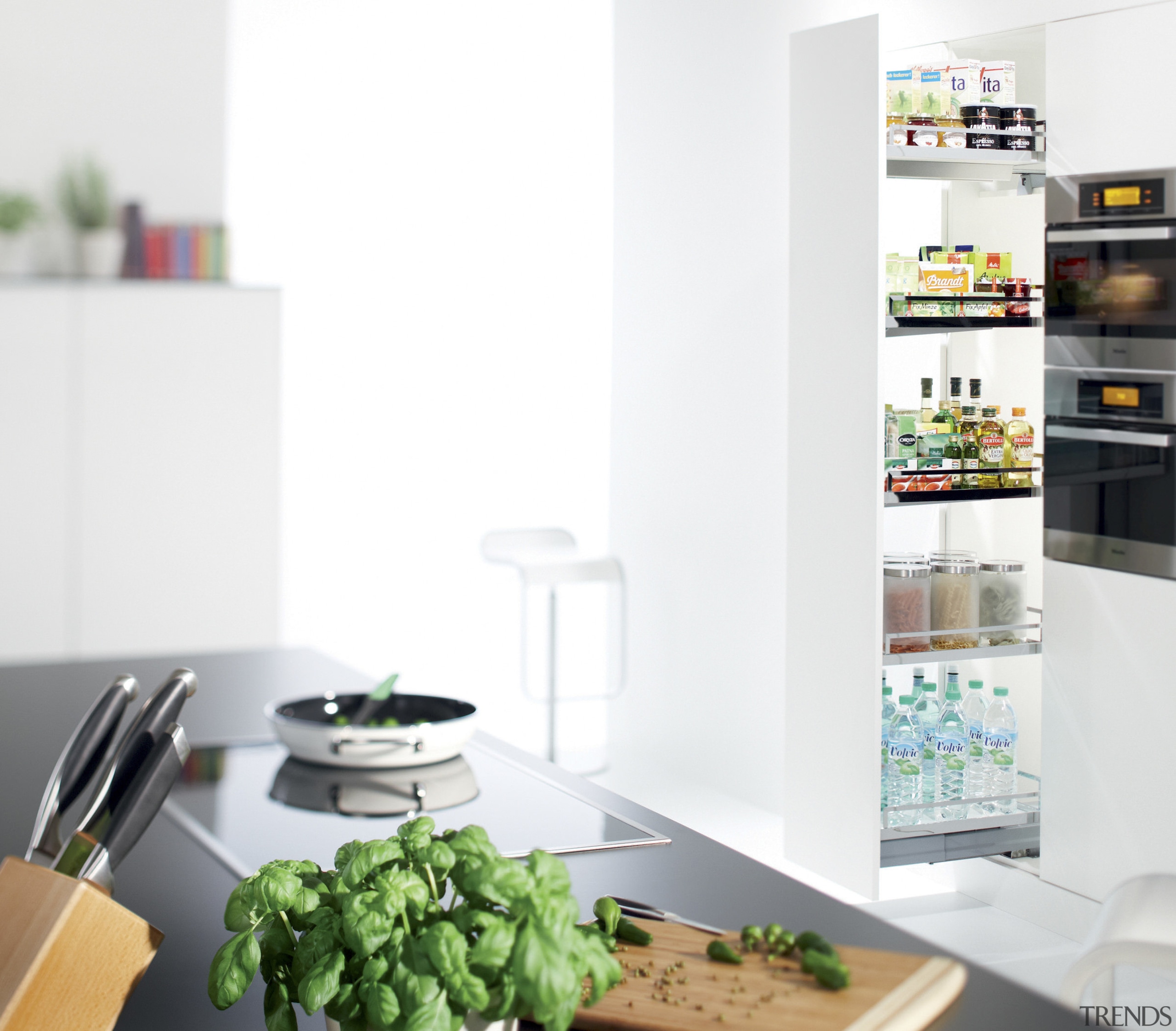 Kitchen with knife block, plant and pull out furniture, home appliance, interior design, kitchen appliance, product, product design, refrigerator, shelf, shelving, small appliance, table, white