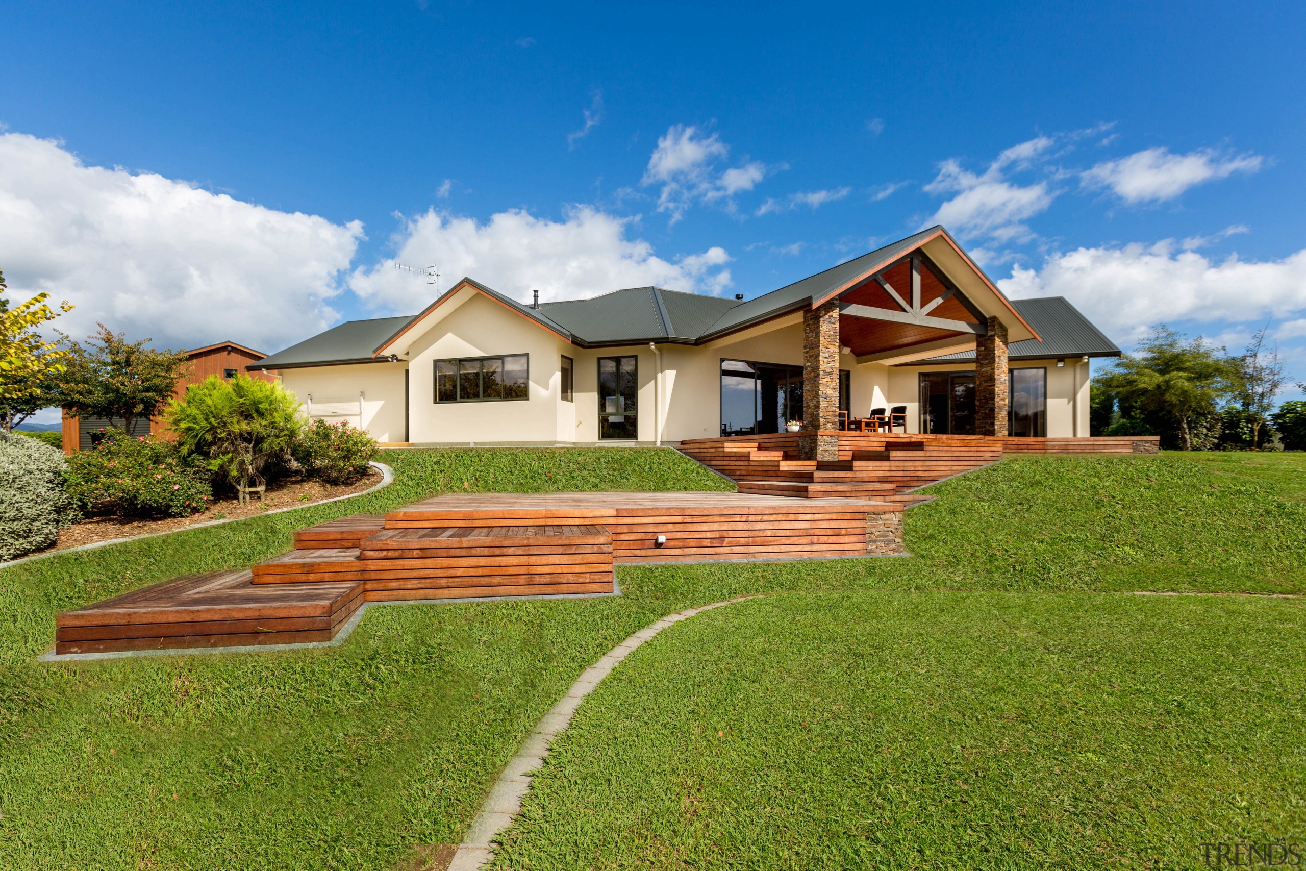 This homes expansive outdoor room is really hard cottage, elevation, estate, facade, farmhouse, grass, home, house, land lot, landscape, lawn, property, real estate, residential area, sky, villa, yard, brown