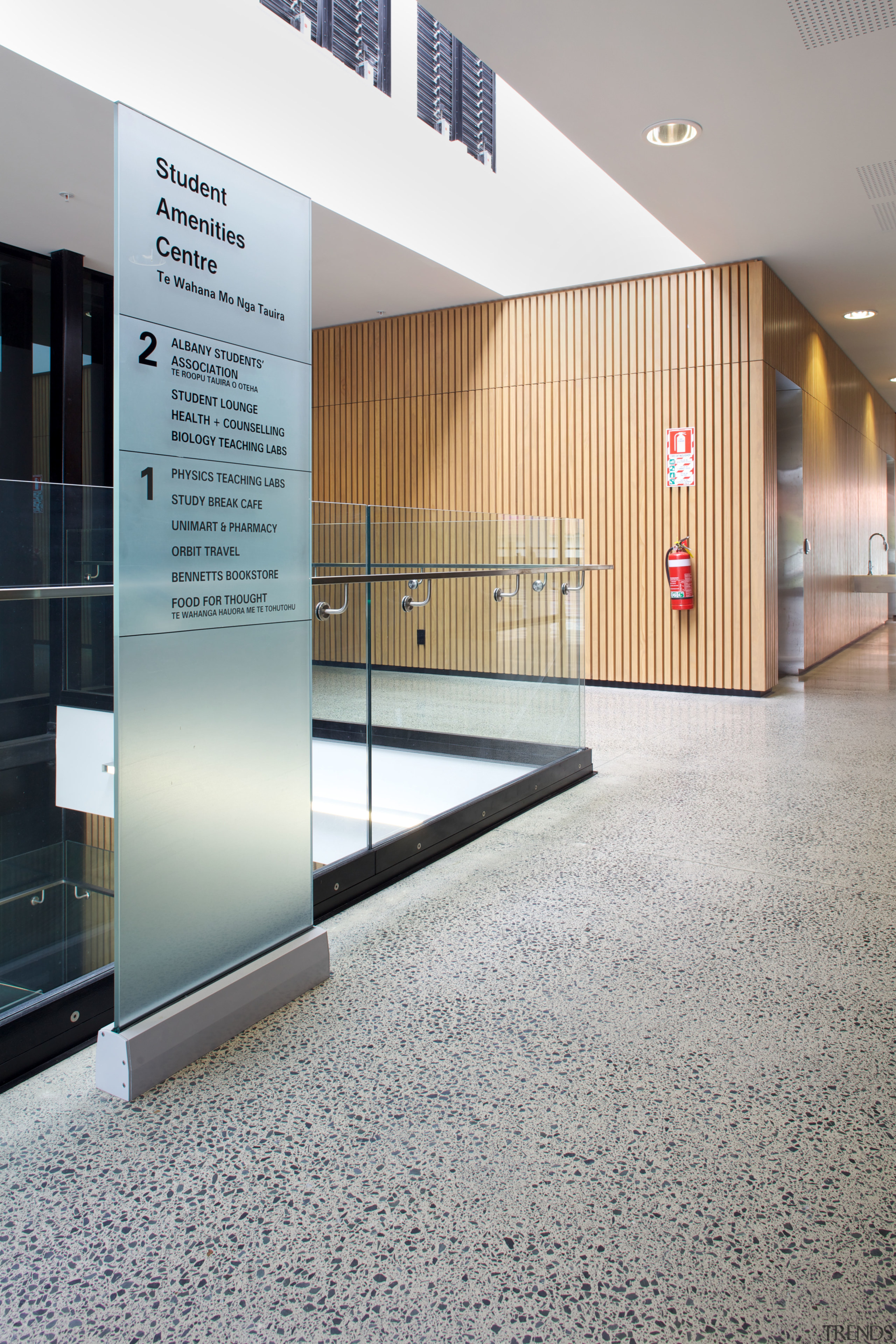 For the matt-look floor required at Massey University architecture, floor, flooring, glass, lobby, gray