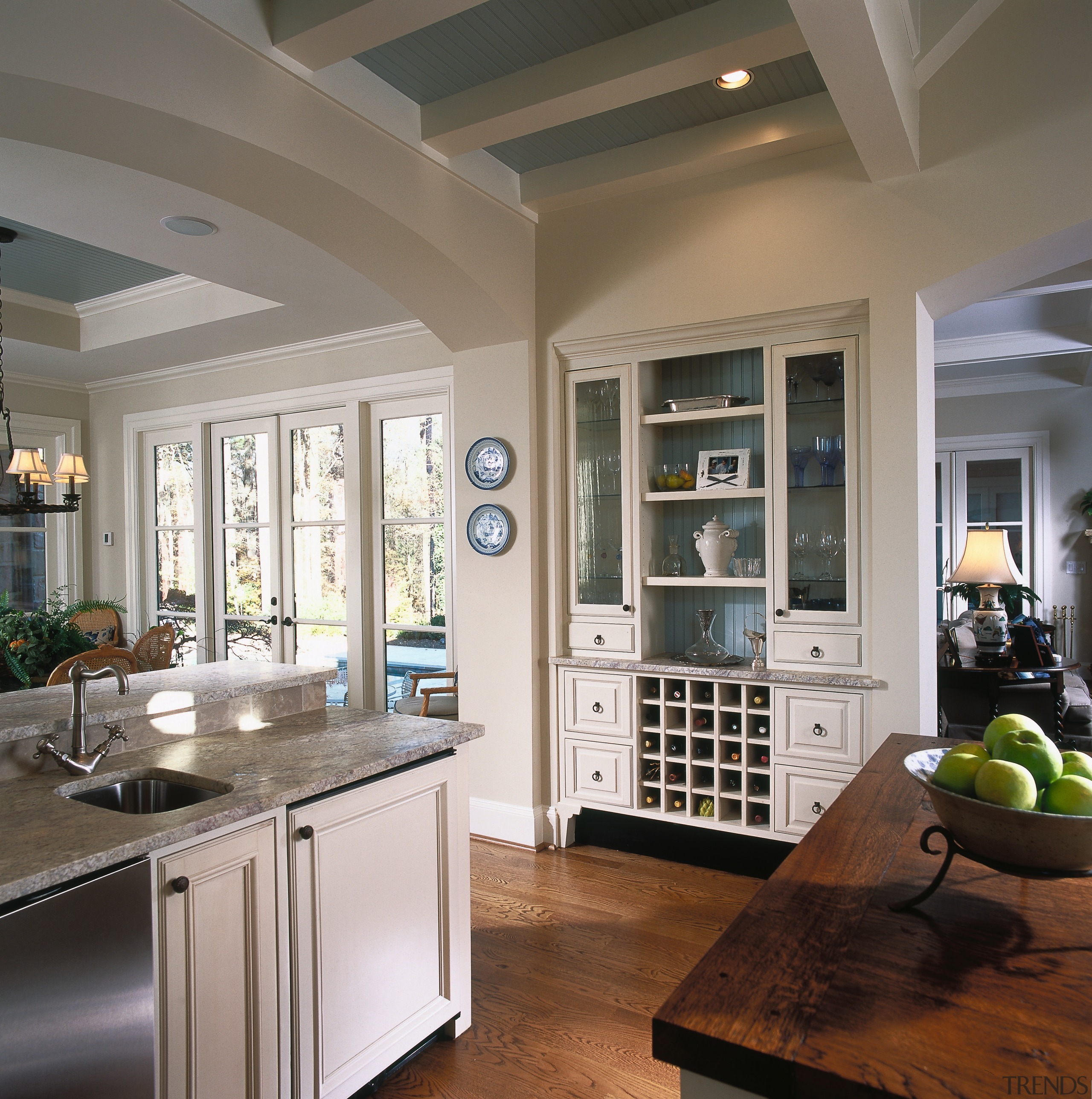 A close up view of the wooden kitchen cabinetry, ceiling, countertop, cuisine classique, interior design, kitchen, room, window, gray, brown